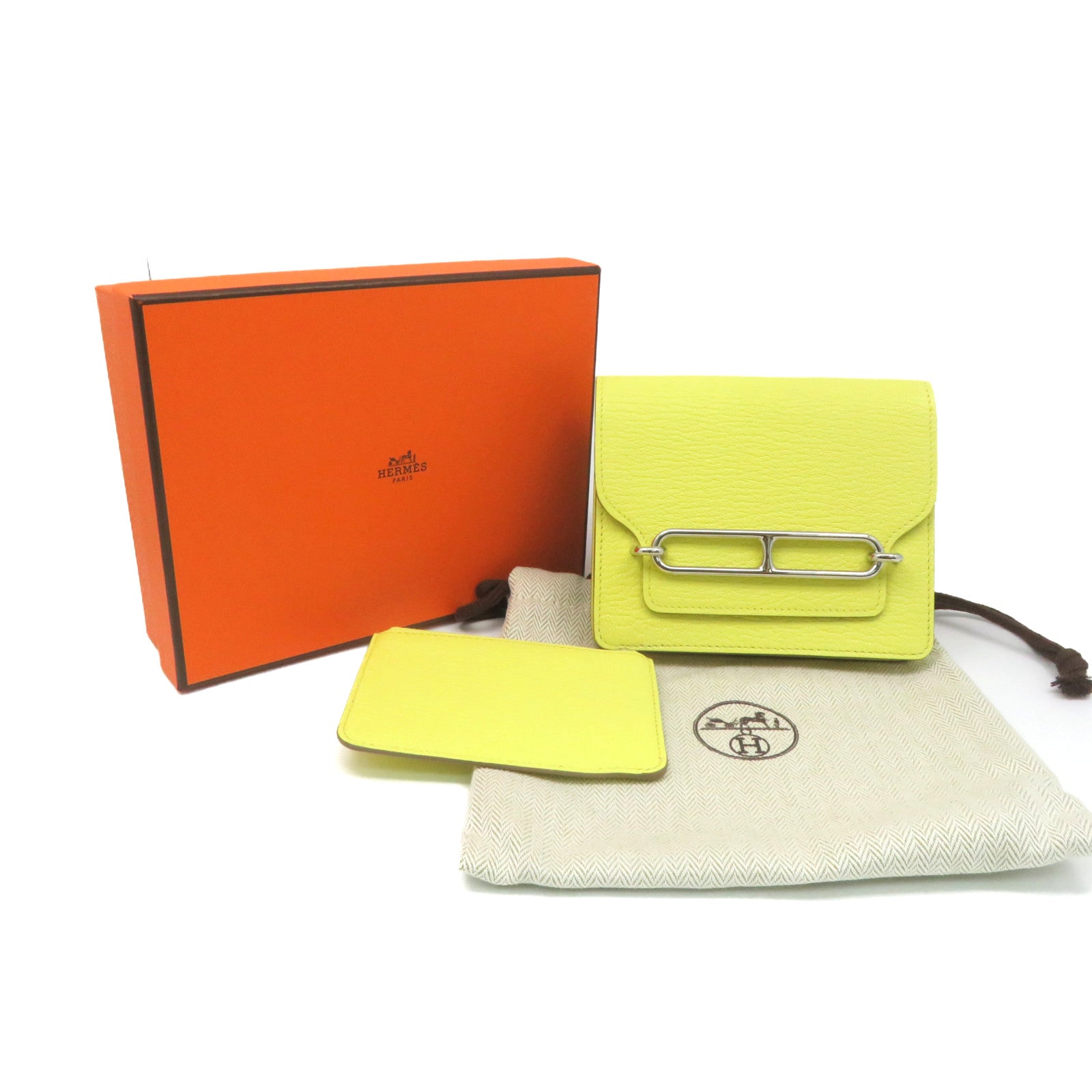 HERMES 【激減優惠】Chevre皮革Roulis Slim Wallet銀扣短錢腰包兩用袋Lemoncello黃色