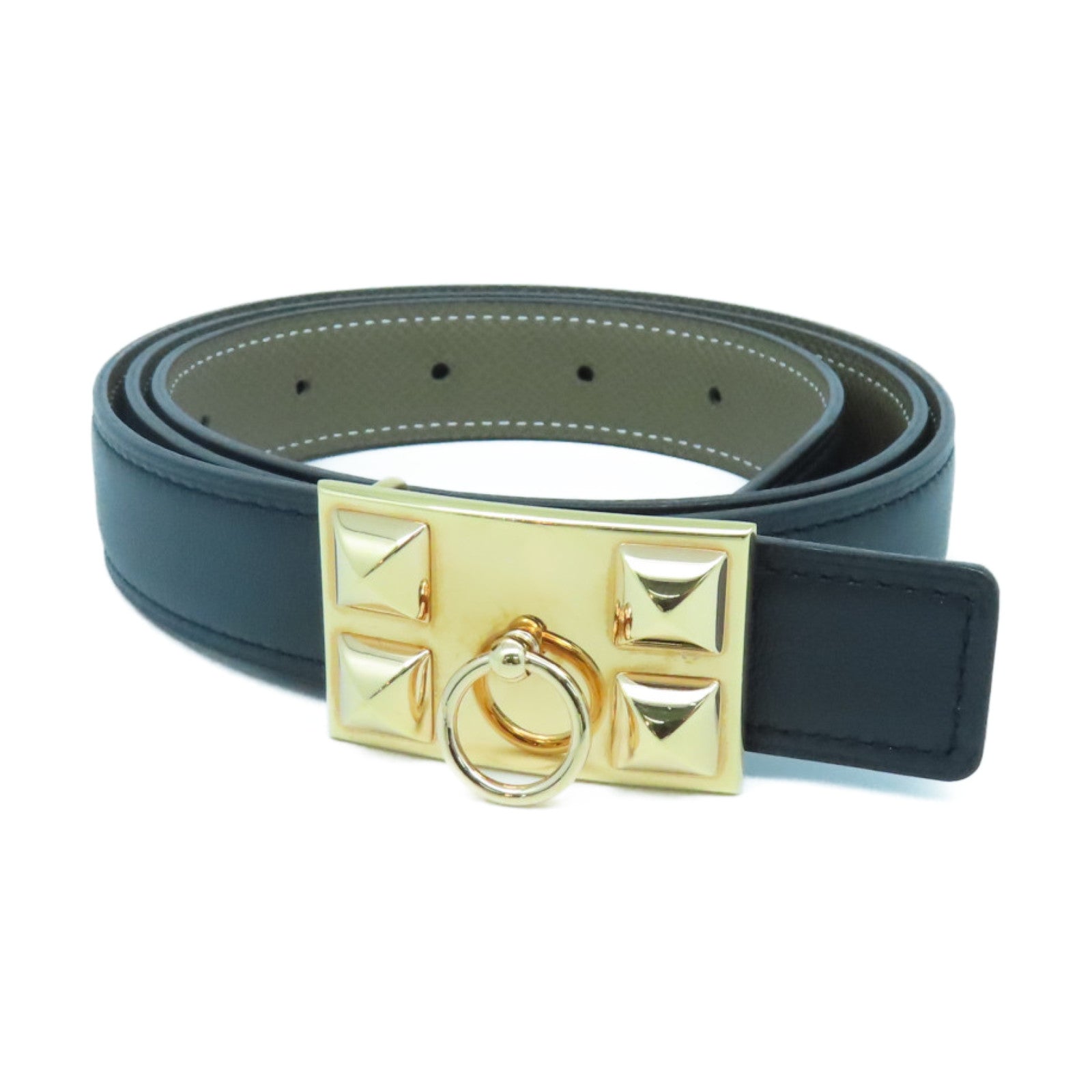 HERMES Epsom皮革/Swift皮革Collier De Chien金扣皮带Black/Etoupe黑色/杏色