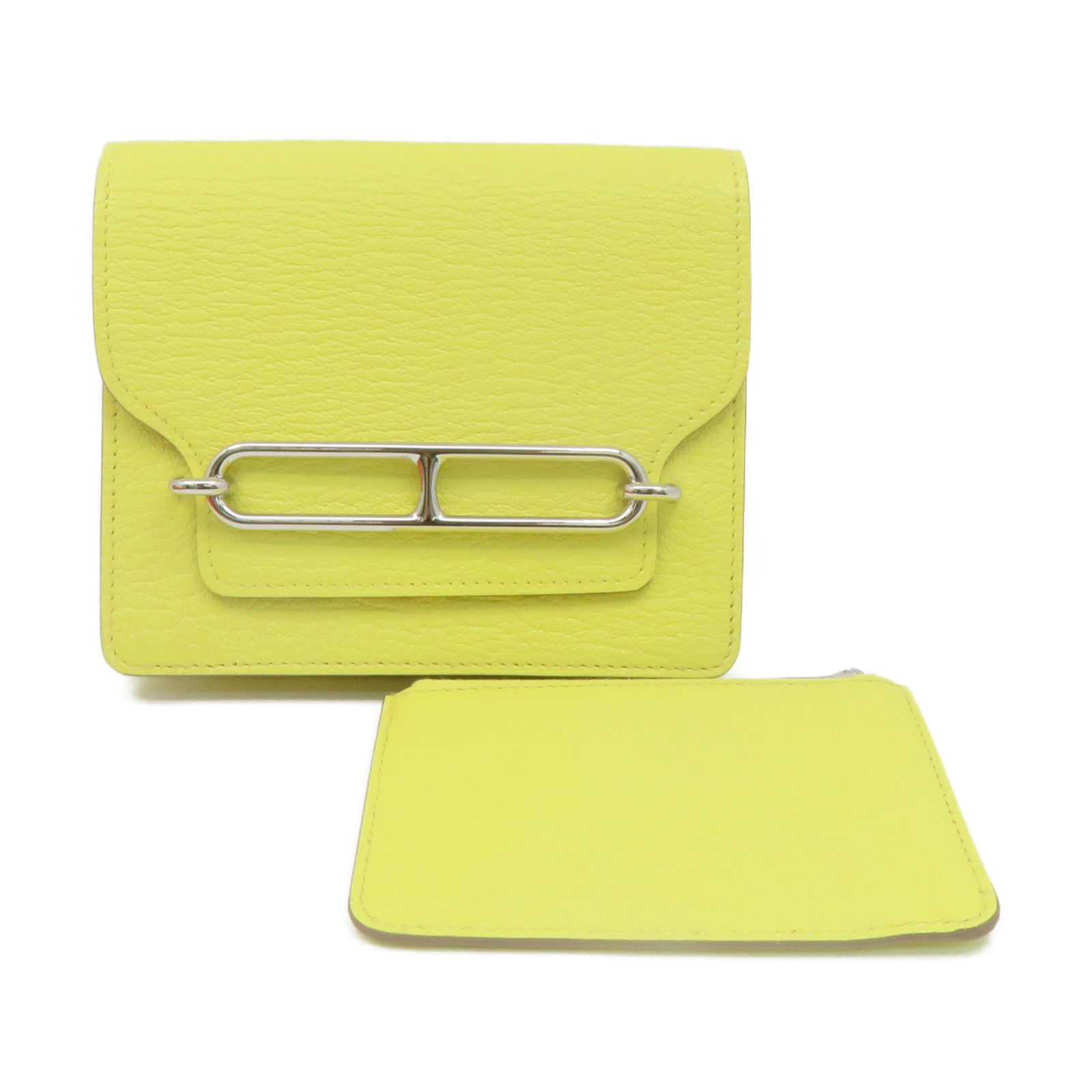 HERMES 【激減優惠】Chevre皮革Roulis Slim Wallet銀扣短錢腰包兩用袋Lemoncello黃色