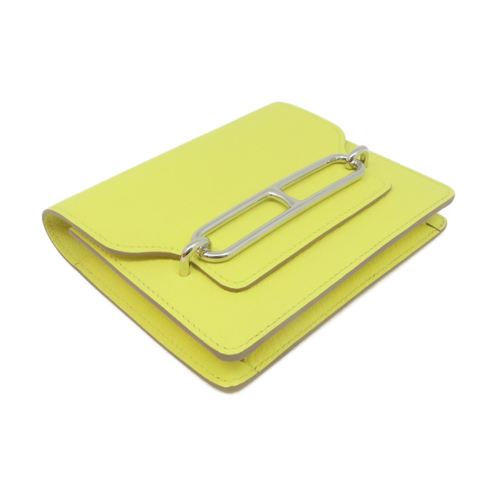 HERMES 【激減優惠】Chevre皮革Roulis Slim Wallet銀扣短錢腰包兩用袋Lemoncello黃色