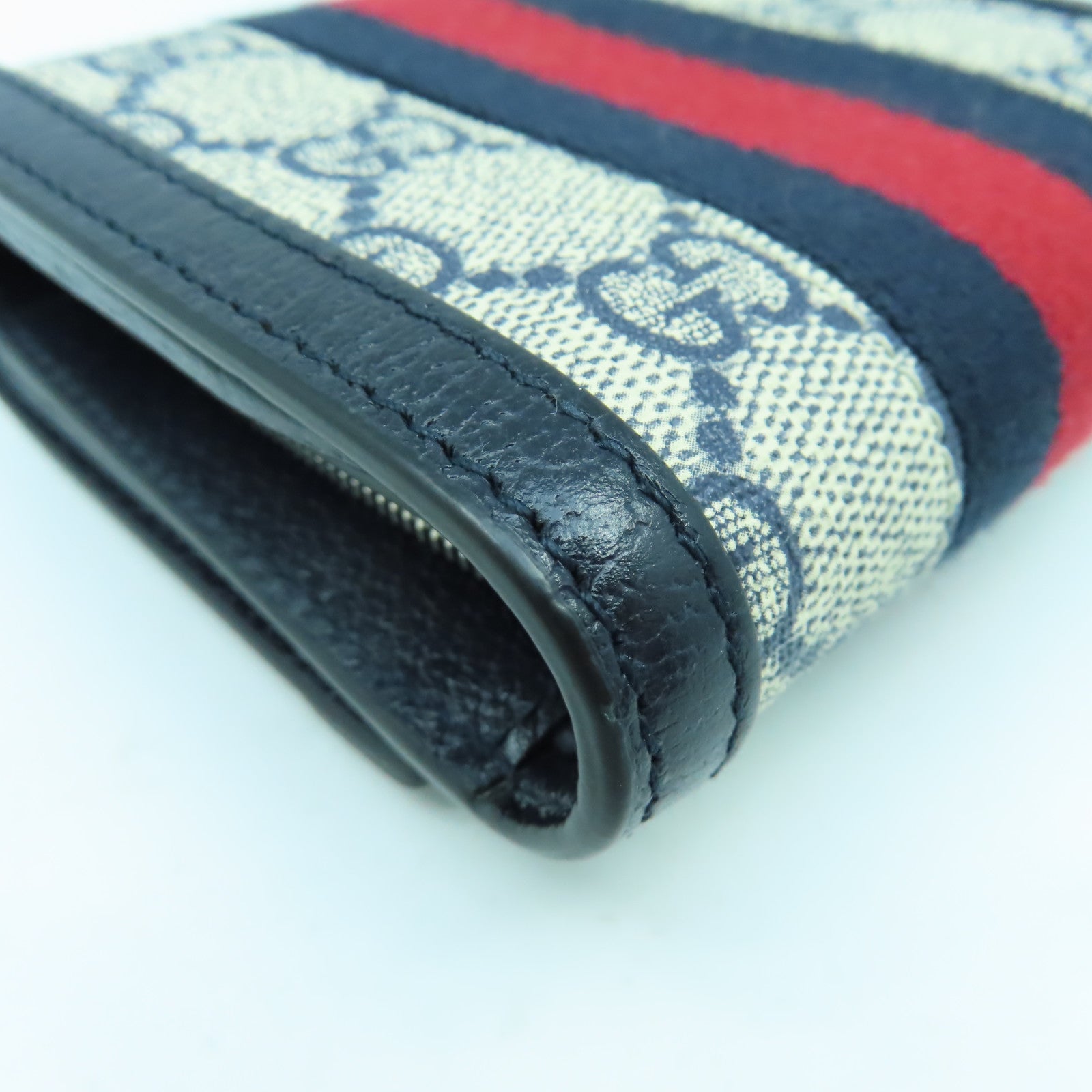 GUCCI 皮革/塗層帆布Wallet銀扣錢包藍色/米色