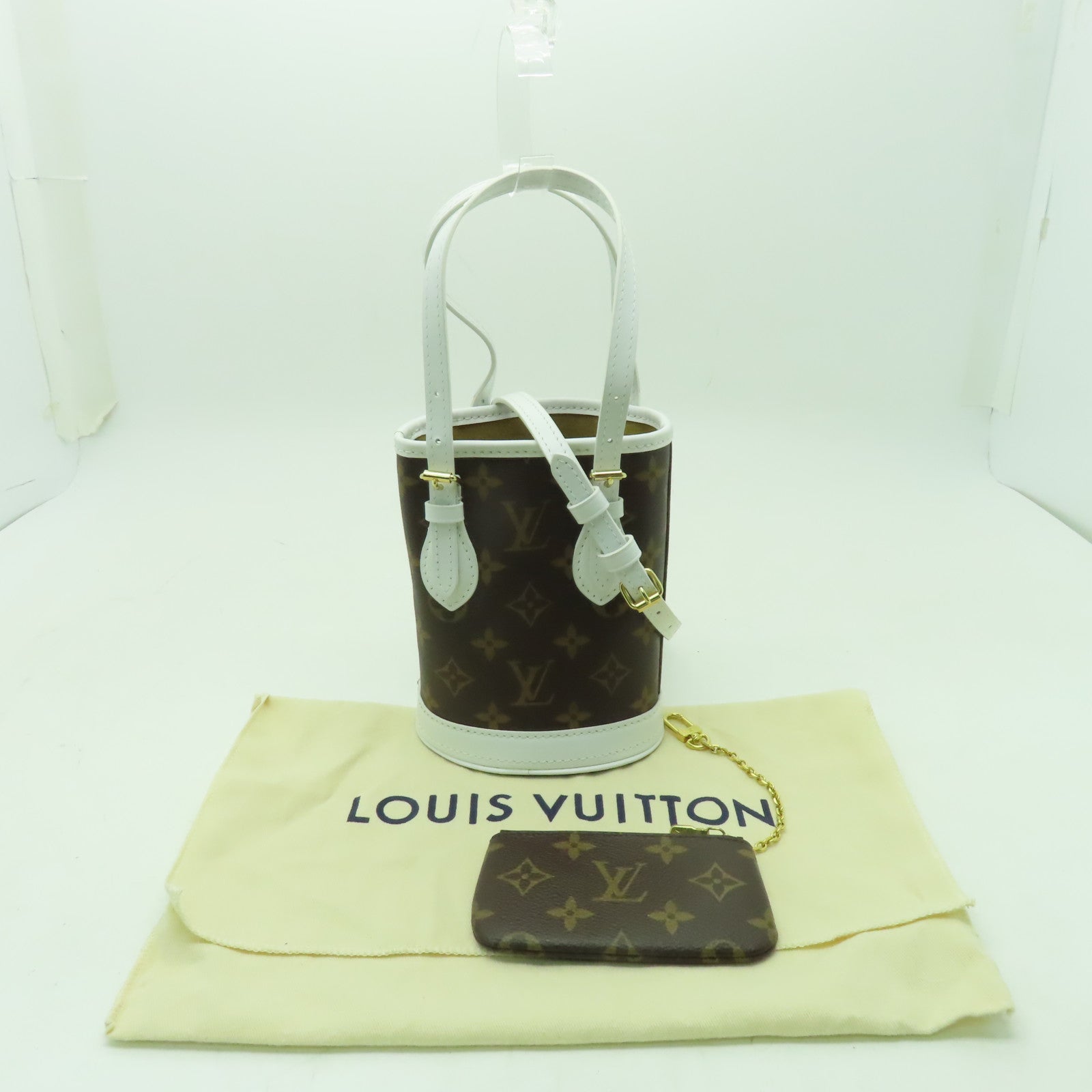 LOUIS VUITTON Monogram Nano Bucket金扣手挽肩背兩用袋啡色/白色