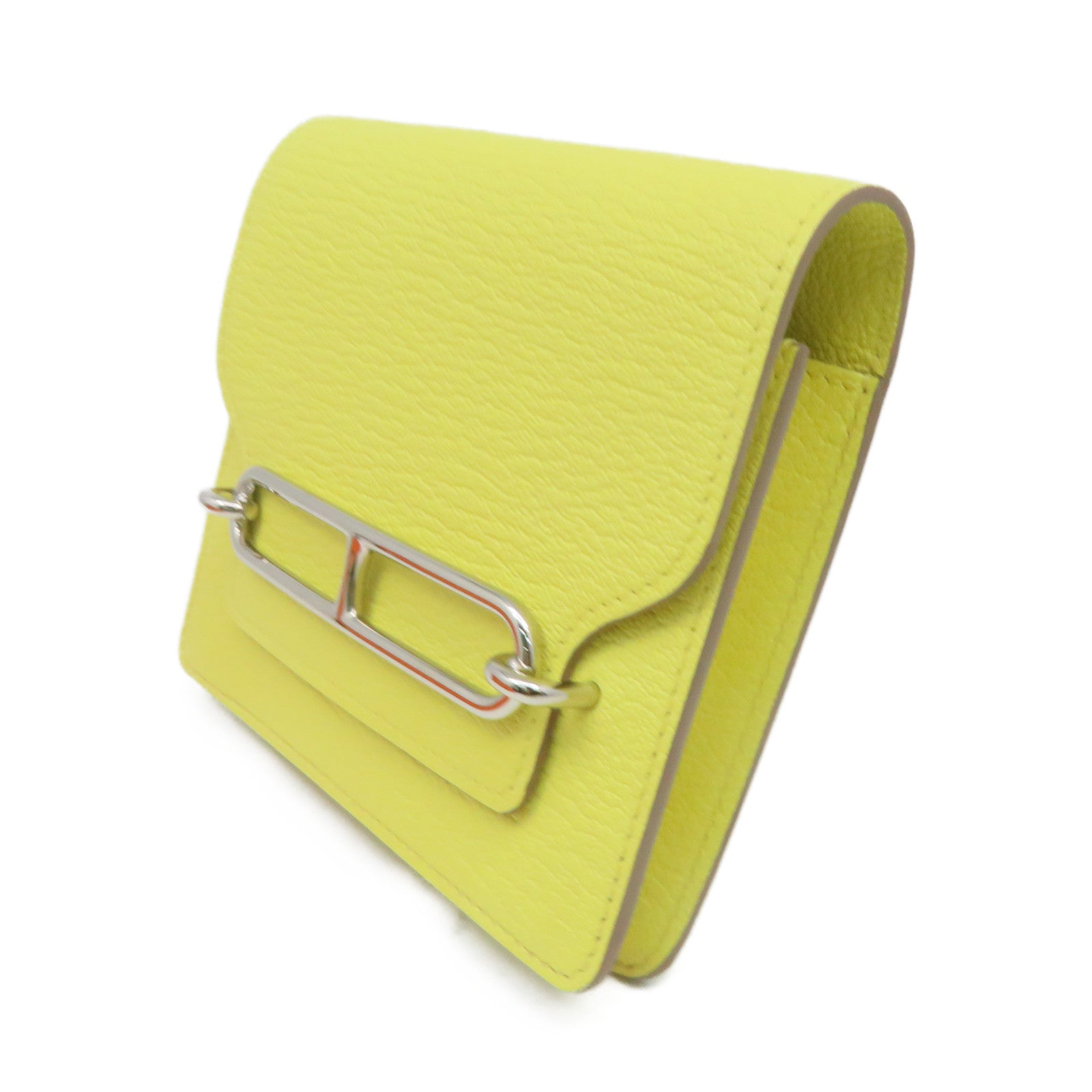 HERMES 【激減優惠】Chevre皮革Roulis Slim Wallet銀扣短錢腰包兩用袋Lemoncello黃色