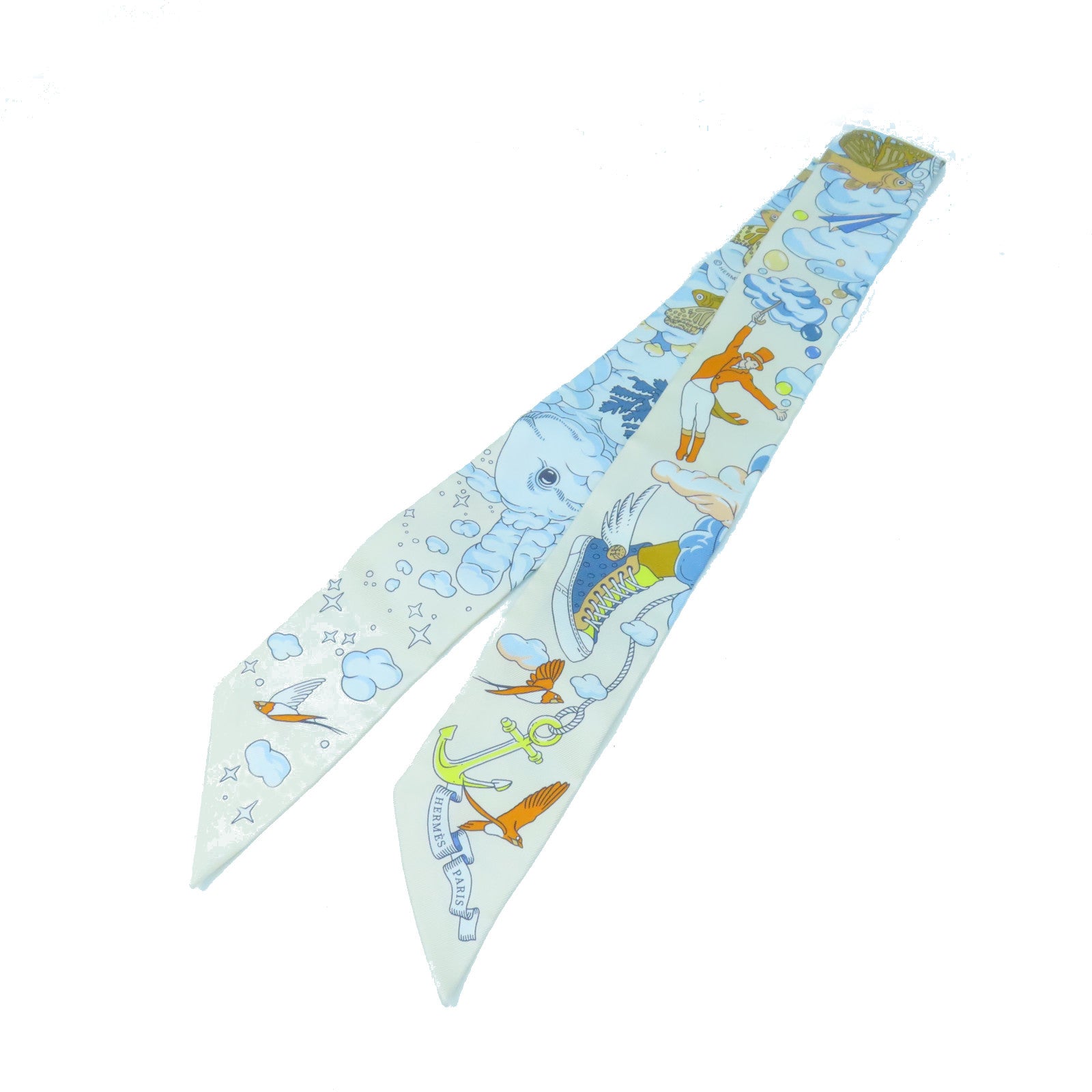 HERMES Silk Twilly Scarf White/Blue