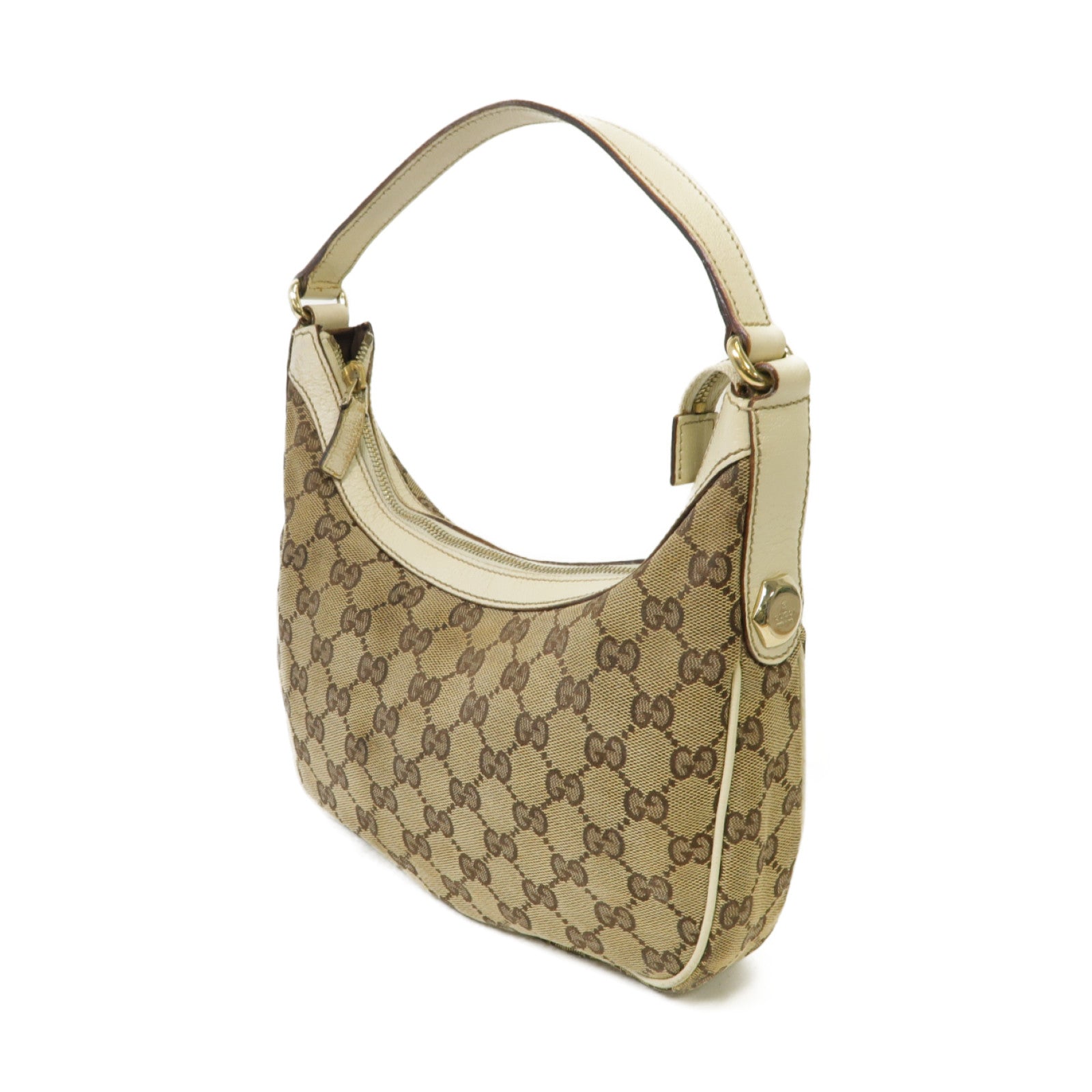 GUCCI 帆布/皮革Shoulder Bag金扣肩背袋啡色/白色