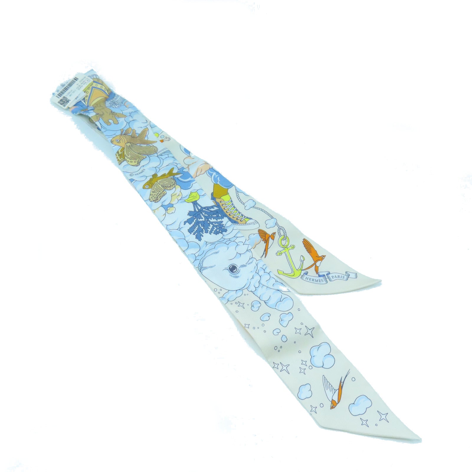 HERMES Silk Twilly Scarf White/Blue