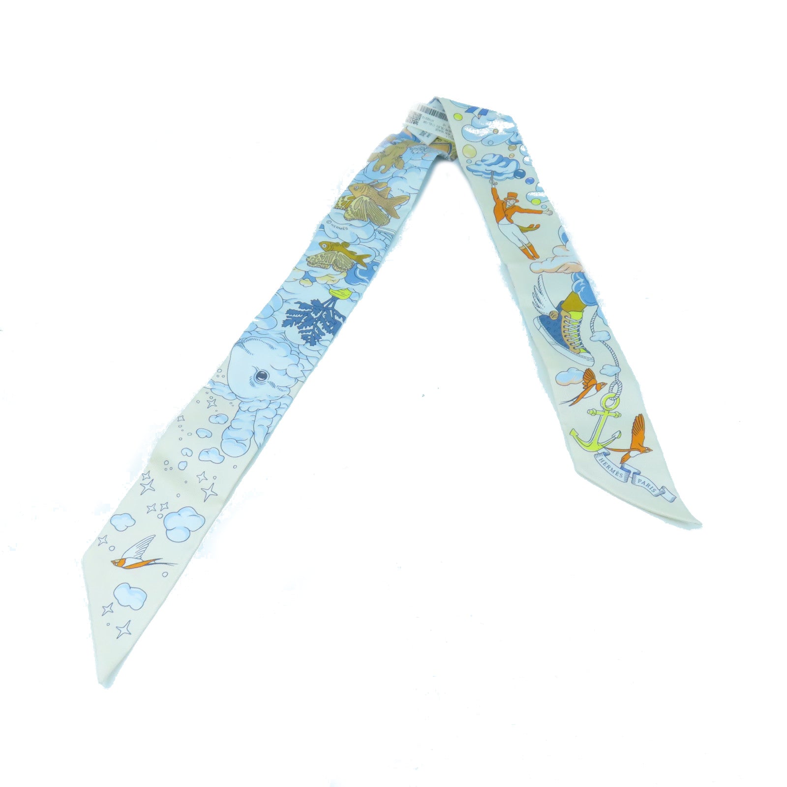 HERMES Silk Twilly Scarf White/Blue
