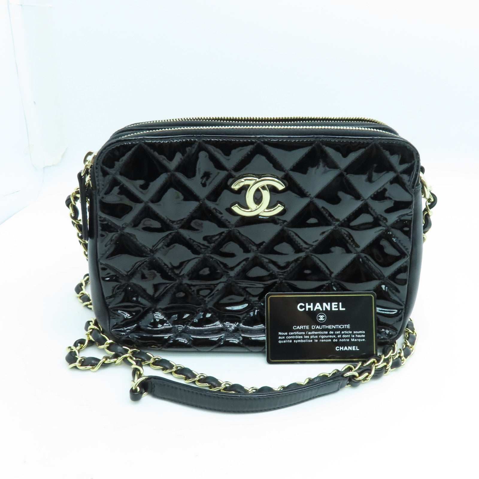 CHANEL 菱格漆皮皮革Chain Shoulder Bag金扣链带肩背袋黑色