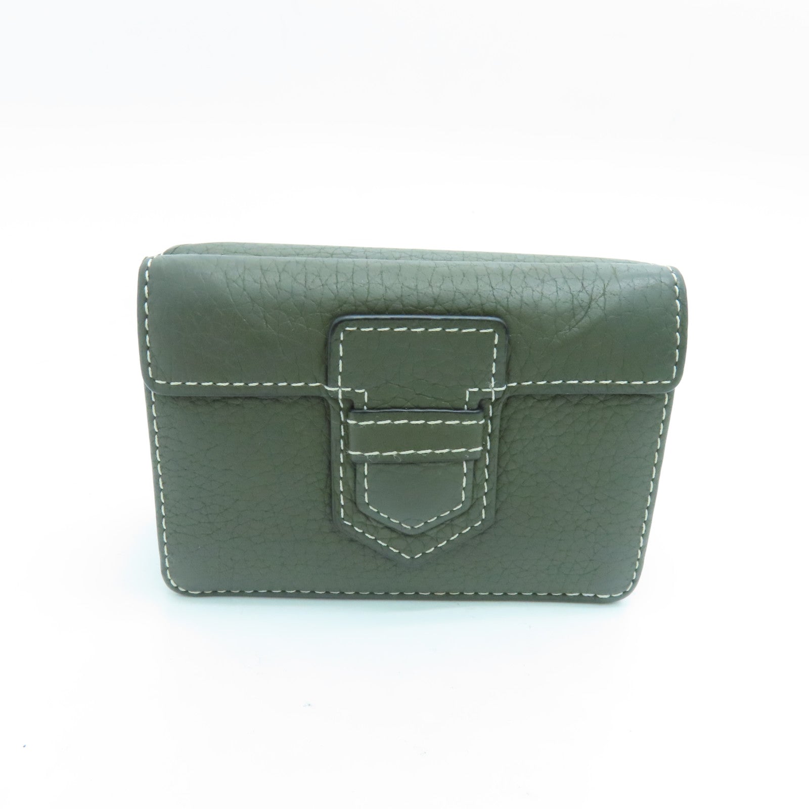 SELECTION Calfskin Leather Presse Trifold Wallet Gold Buckle Wallet Green