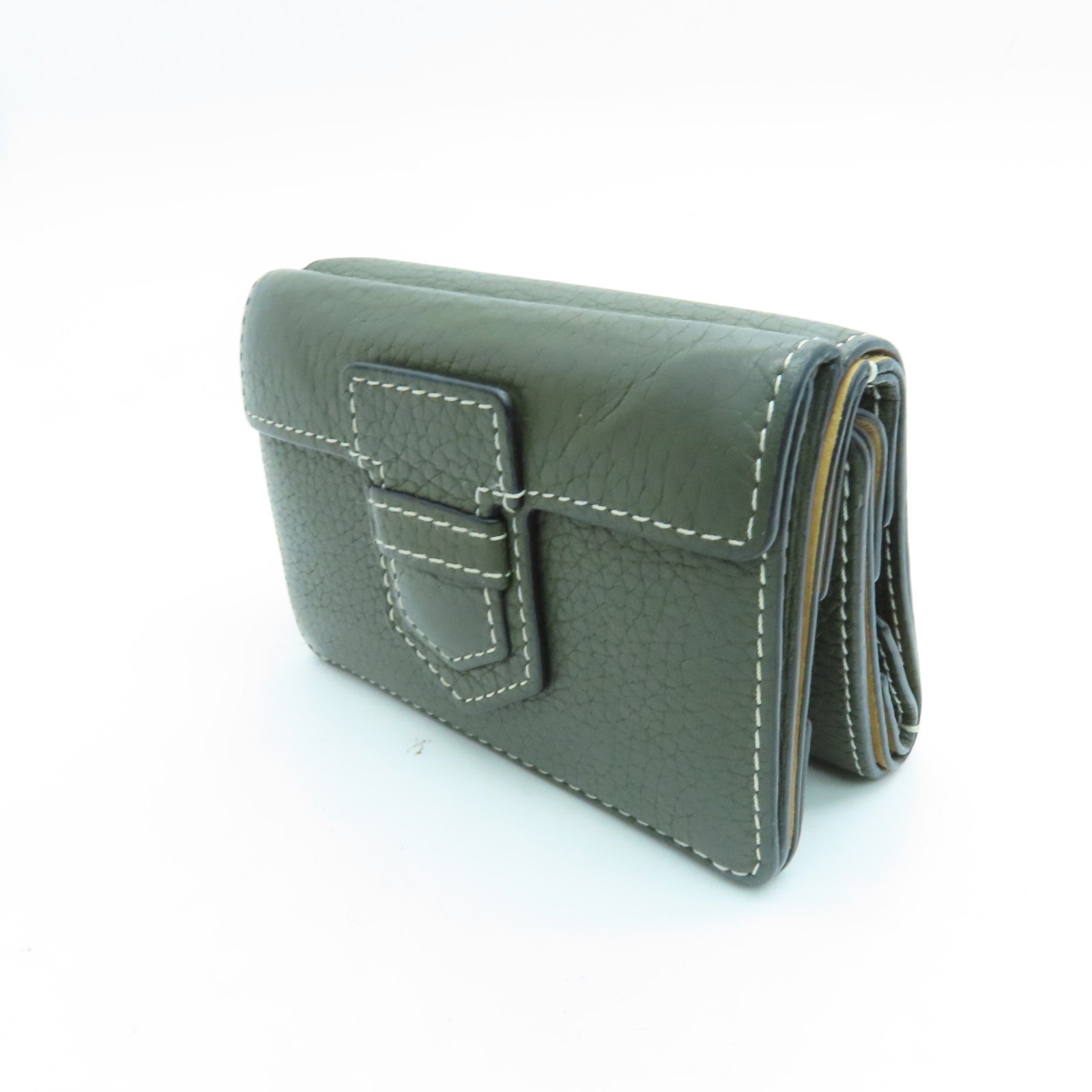 SELECTION Calfskin Leather Presse Trifold Wallet Gold Buckle Wallet Green