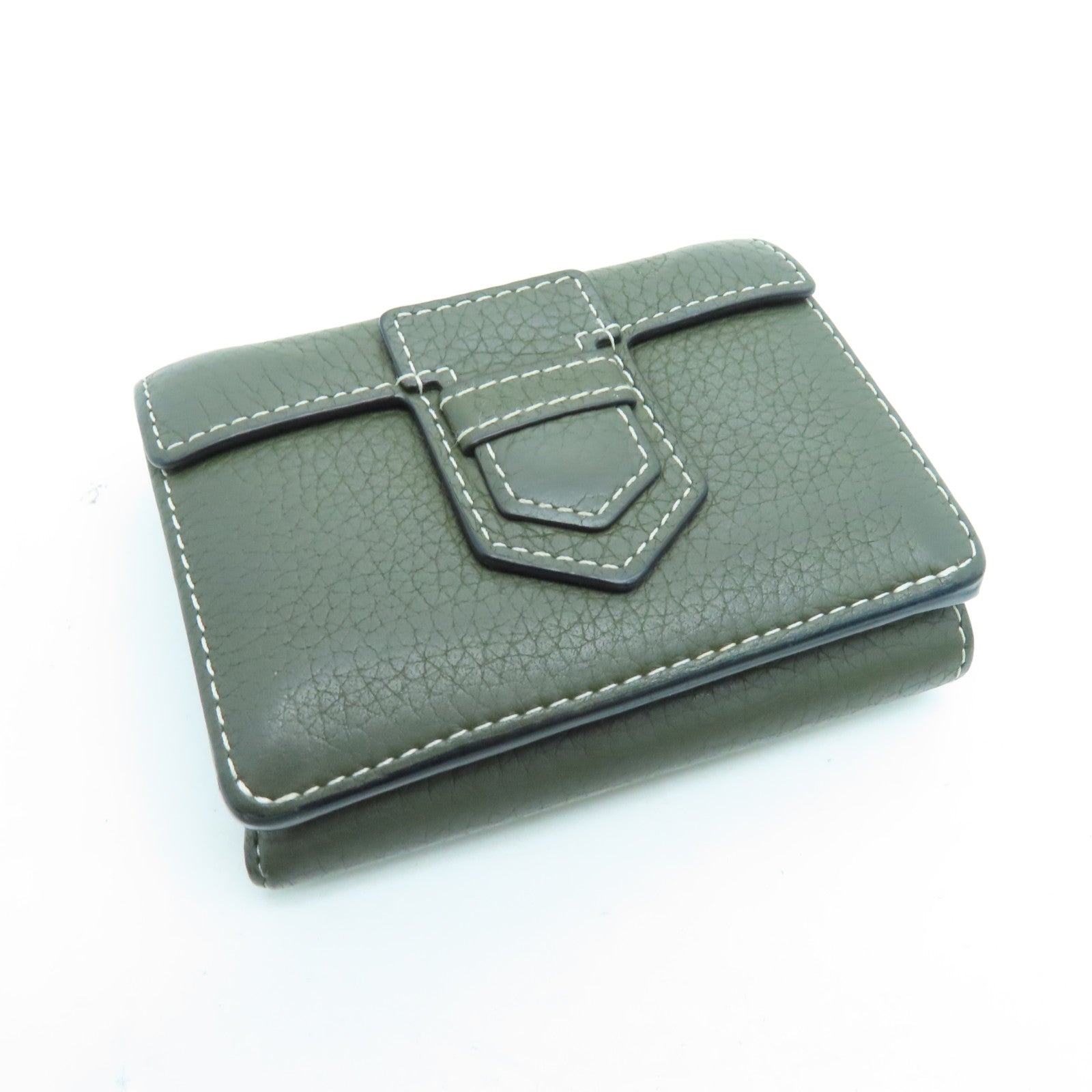 SELECTION Calfskin Leather Presse Trifold Wallet Gold Buckle Wallet Green