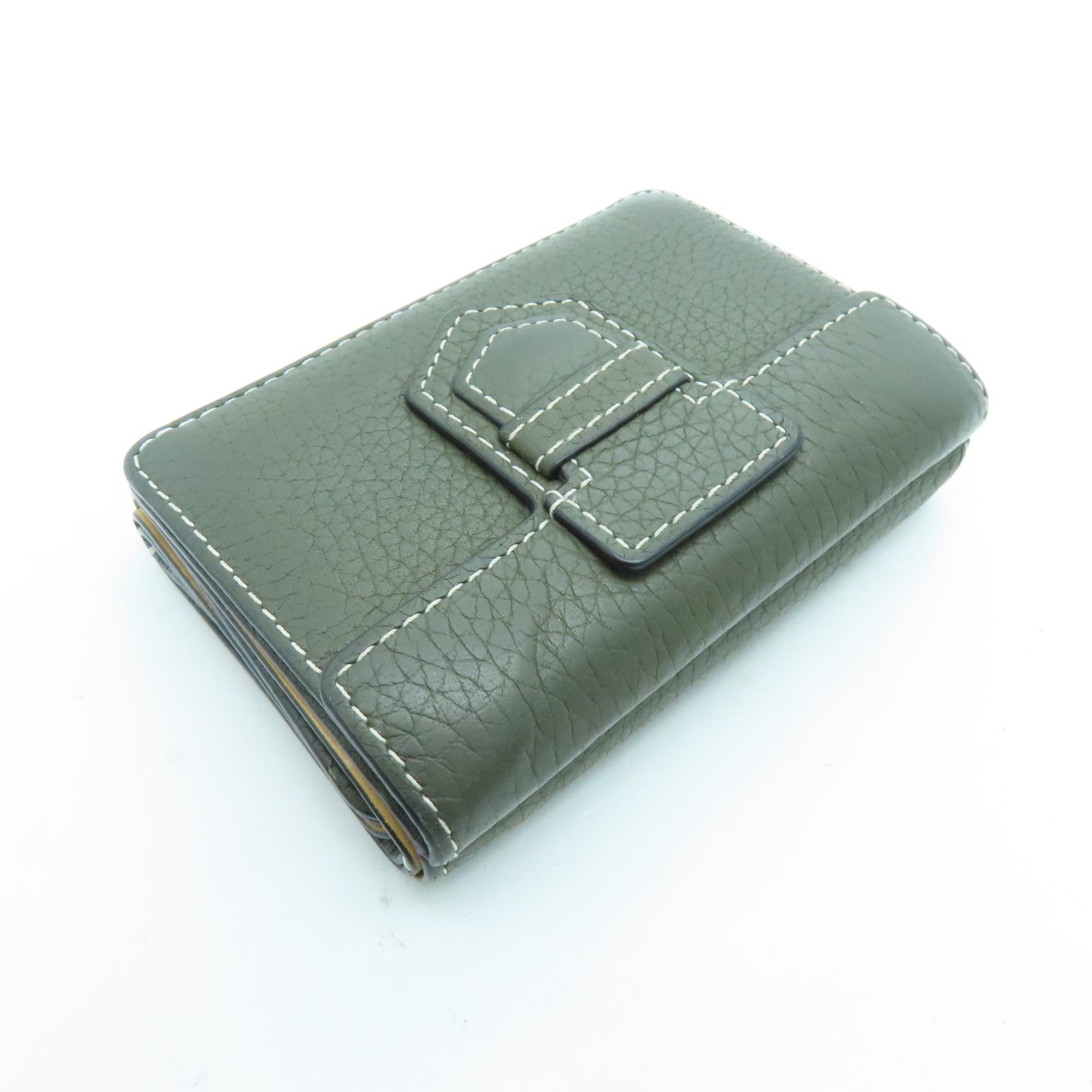 SELECTION Calfskin Leather Presse Trifold Wallet Gold Buckle Wallet Green