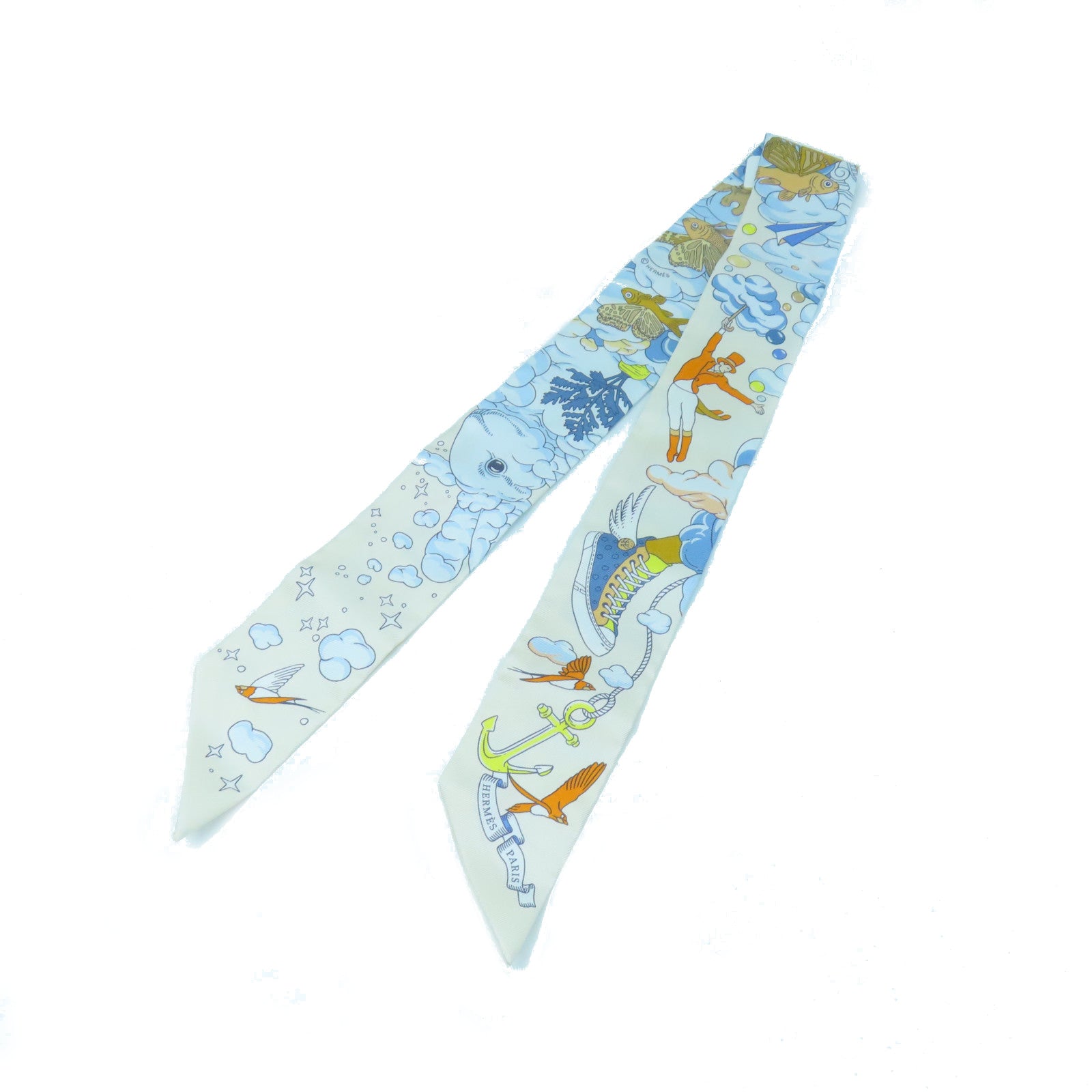 HERMES Silk Twilly Scarf White/Blue