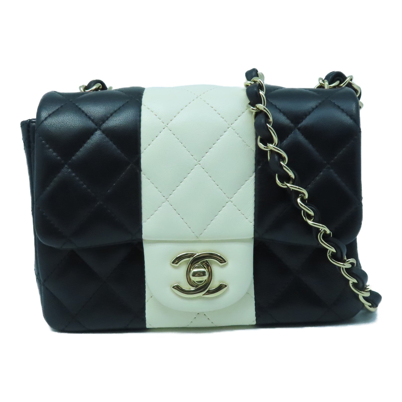 CHANEL 菱格牛皮皮革Chain Shoulder Bag金扣肩背袋黑色/白色