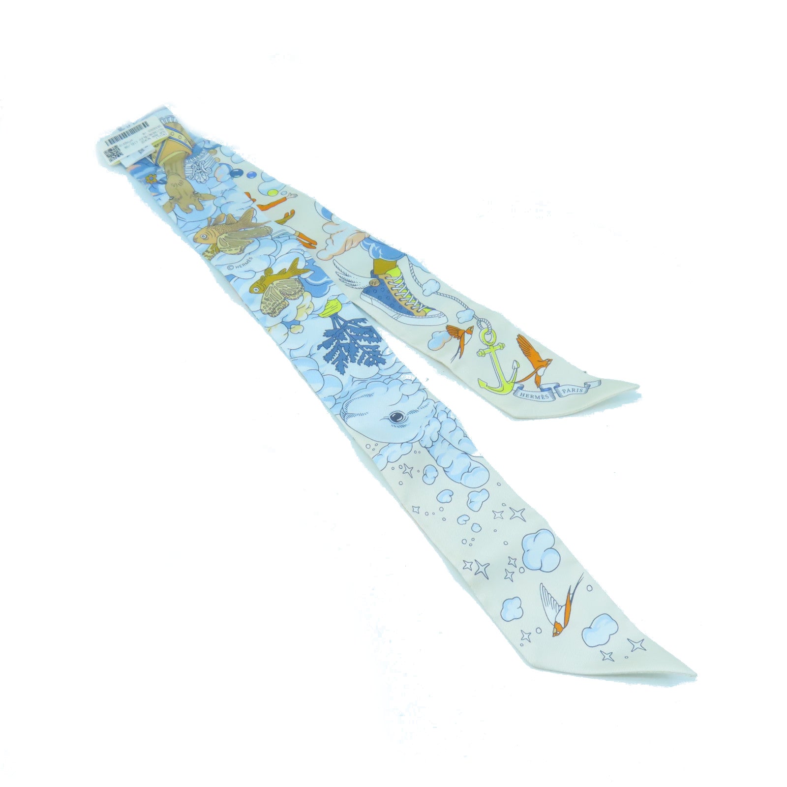 HERMES Silk Twilly Scarf White/Blue