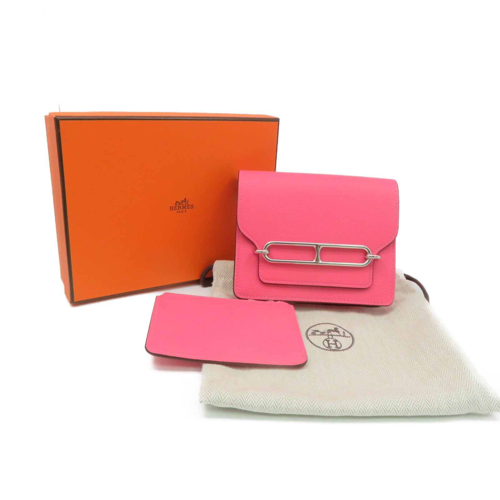 HERMES 【激減優惠】Evercolor皮革Roulis Slim Wallet銀扣短錢腰包兩用袋Rose Azalee粉紅色