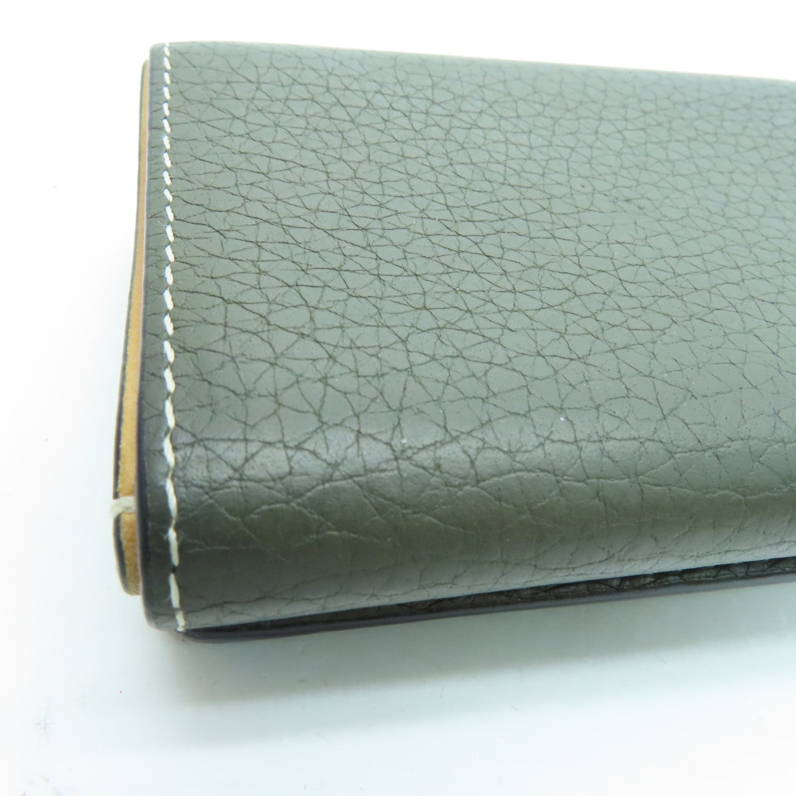 SELECTION Calfskin Leather Presse Trifold Wallet Gold Buckle Wallet Green