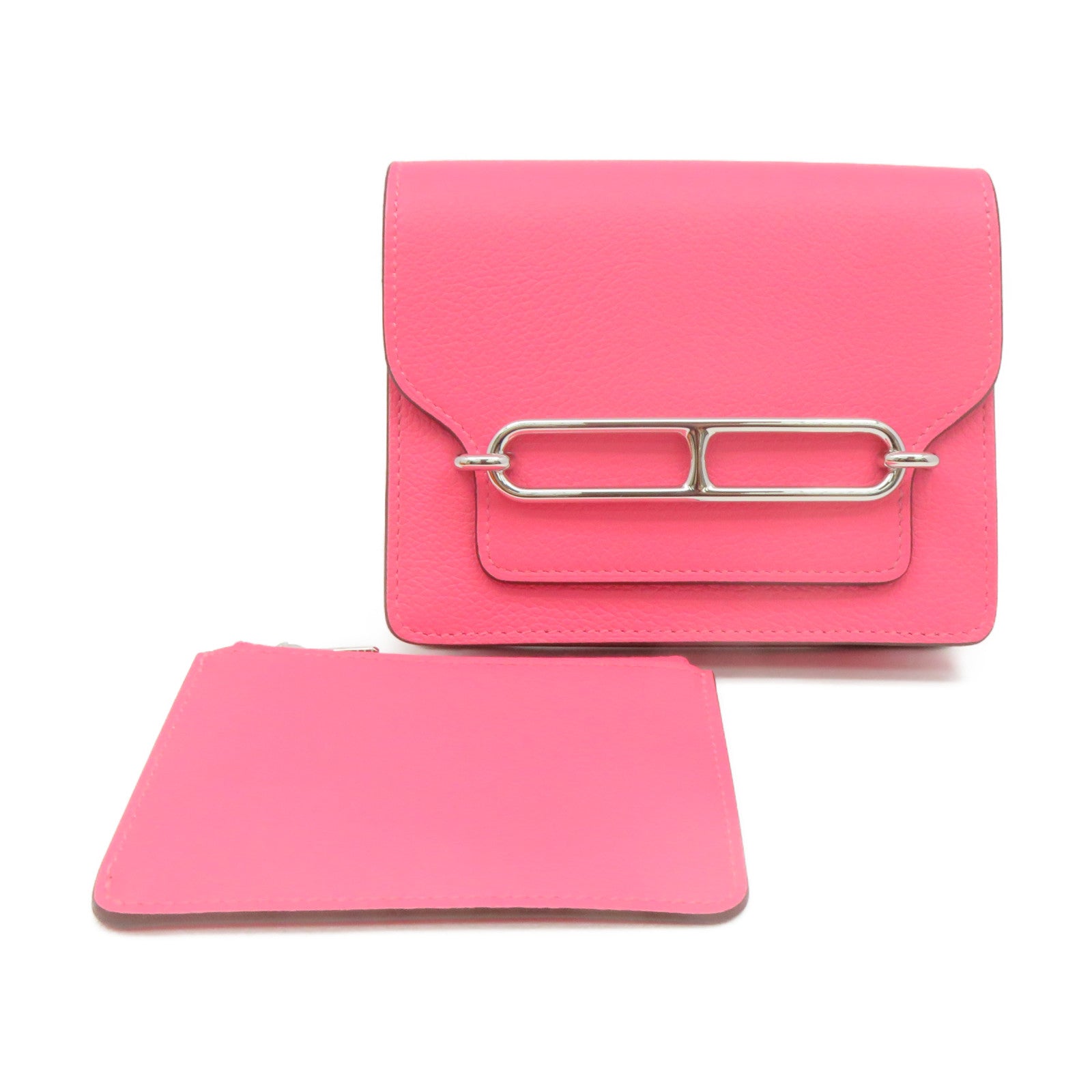 HERMES 【激減優惠】Evercolor皮革Roulis Slim Wallet銀扣短錢腰包兩用袋Rose Azalee粉紅色