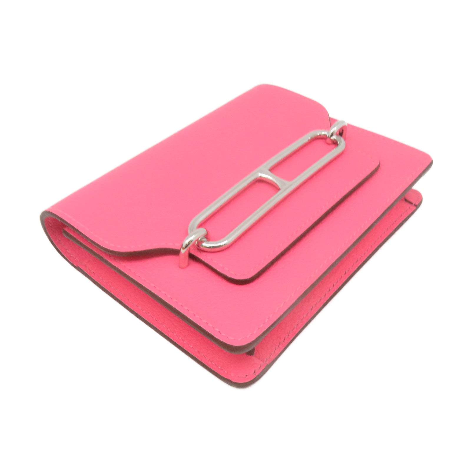 HERMES 【激減優惠】Evercolor皮革Roulis Slim Wallet銀扣短錢腰包兩用袋Rose Azalee粉紅色