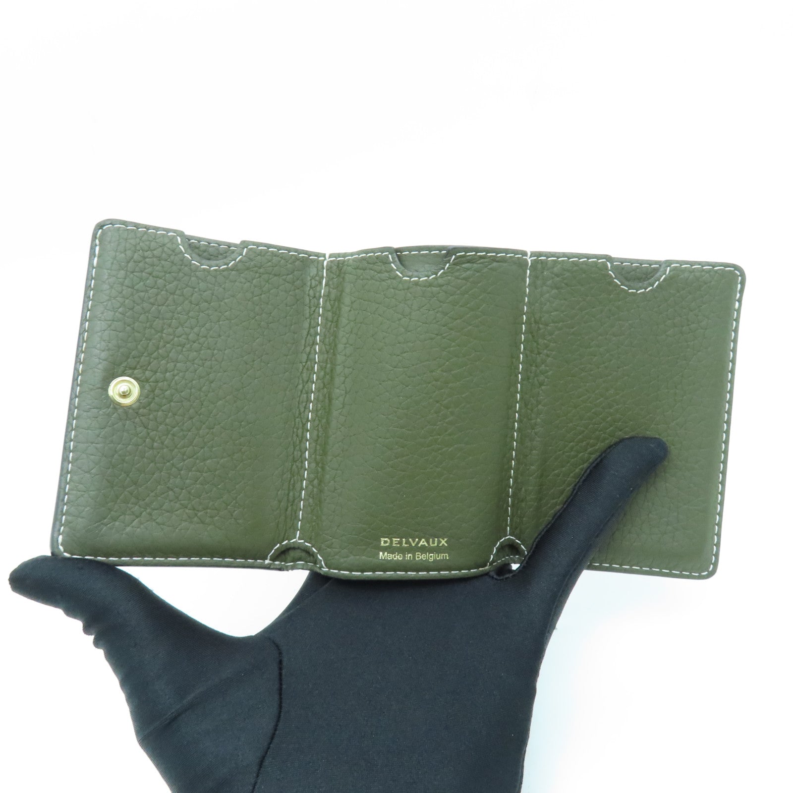 SELECTION Calfskin Leather Presse Trifold Wallet Gold Buckle Wallet Green