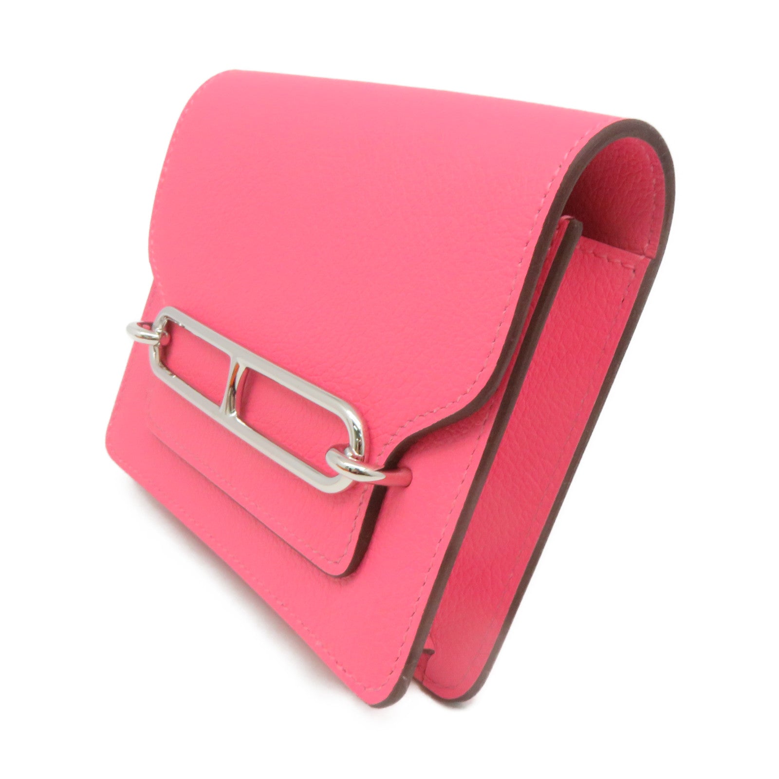 HERMES 【激減優惠】Evercolor皮革Roulis Slim Wallet銀扣短錢腰包兩用袋Rose Azalee粉紅色