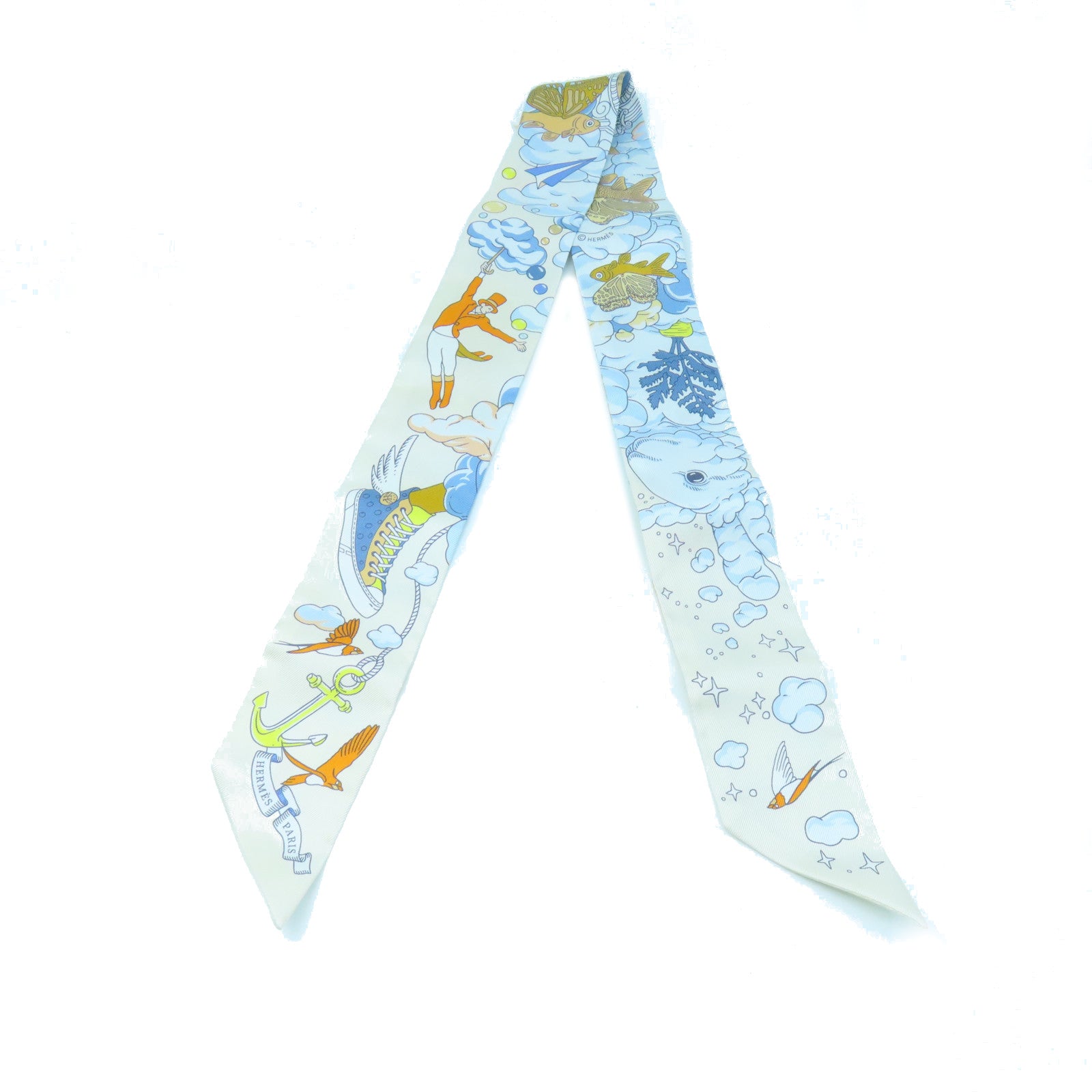 HERMES Silk Twilly Scarf White/Blue