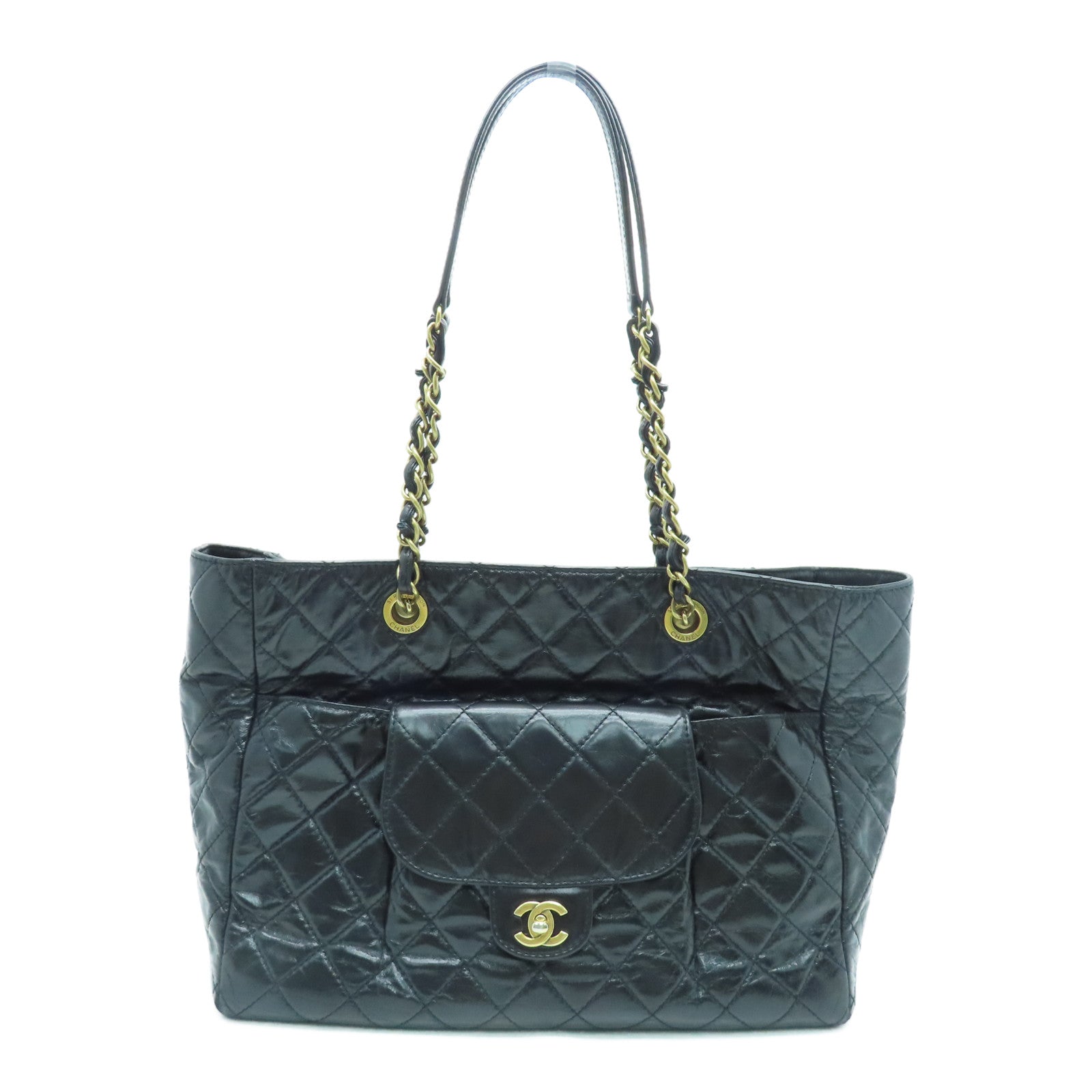 CHANEL 菱格Aged Calf皮革Chain Shoulder金扣肩背袋黑色