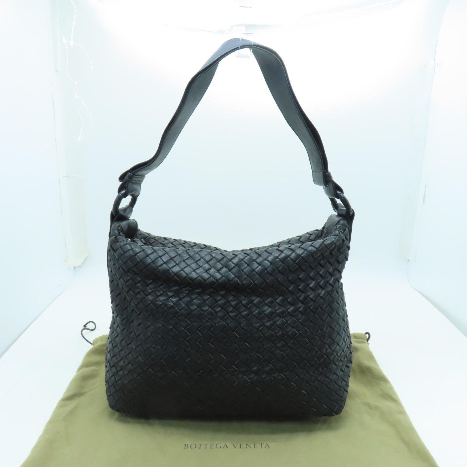 BOTTEGA VENETA 織紋皮革Tote Bag銀扣肩背袋黑色