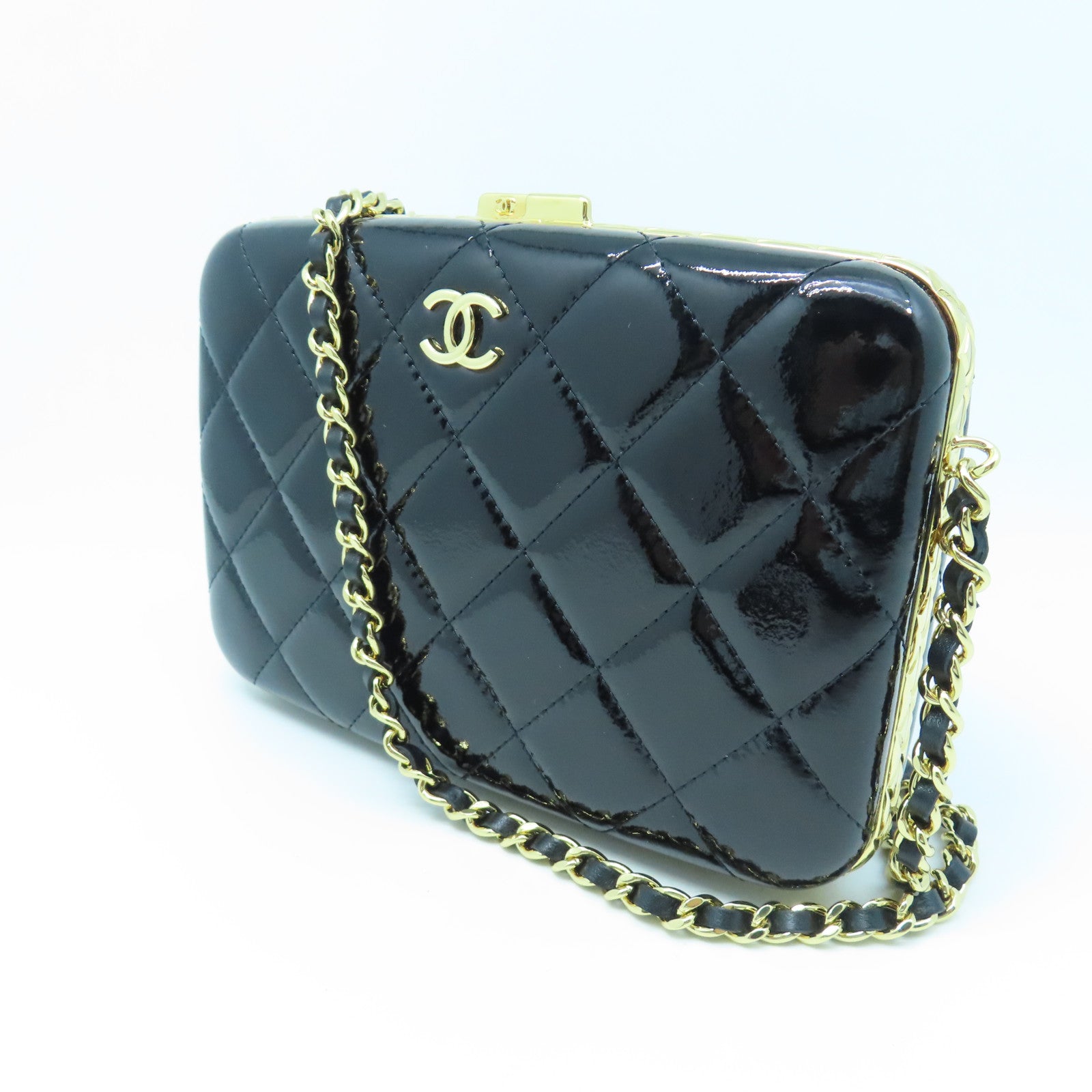 CHANEL Diamond Patent Leather Chain Shoulder Enamel Full Set Gold Buckle Chain Shoulder Bag Black