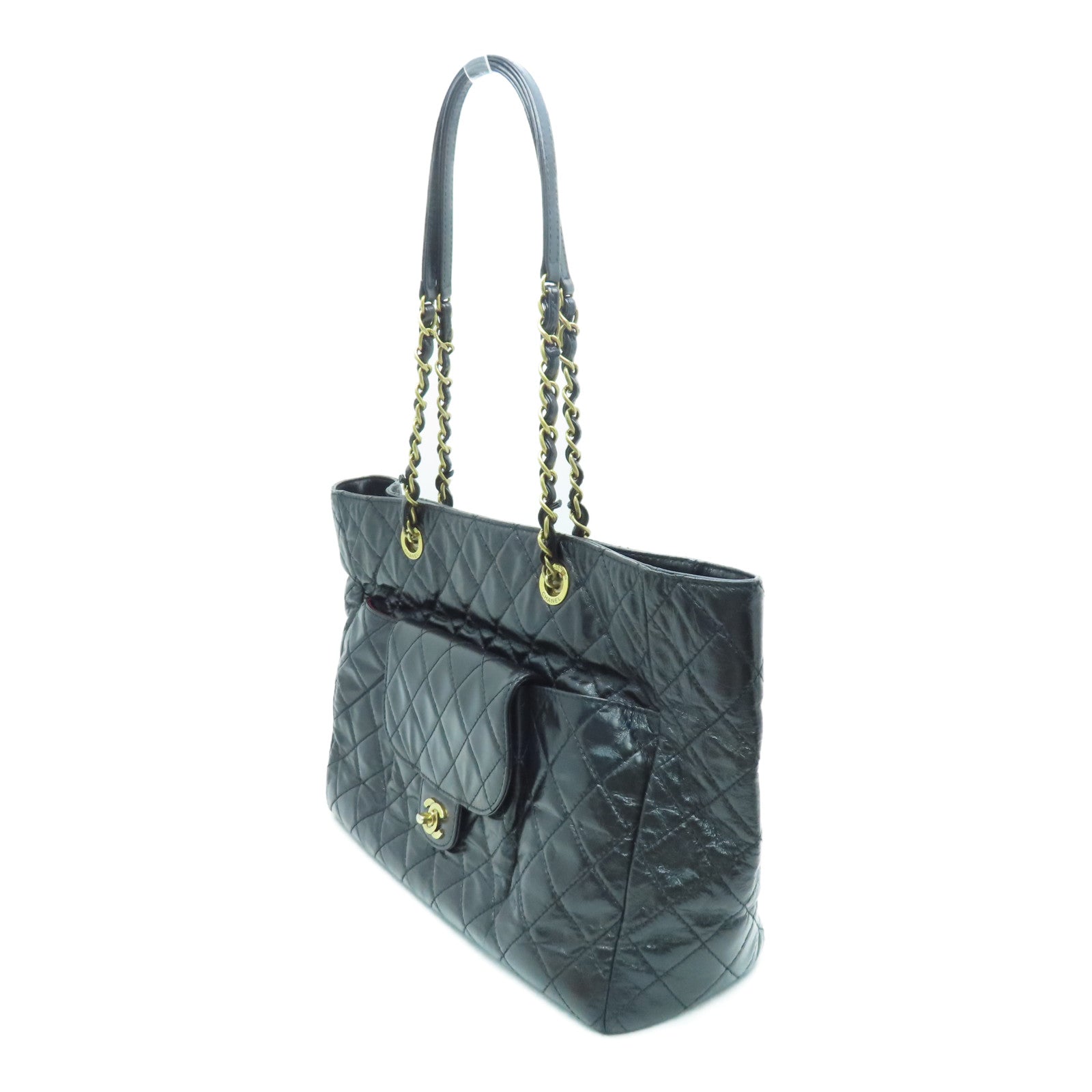 CHANEL 菱格Aged Calf皮革Chain Shoulder金扣肩背袋黑色