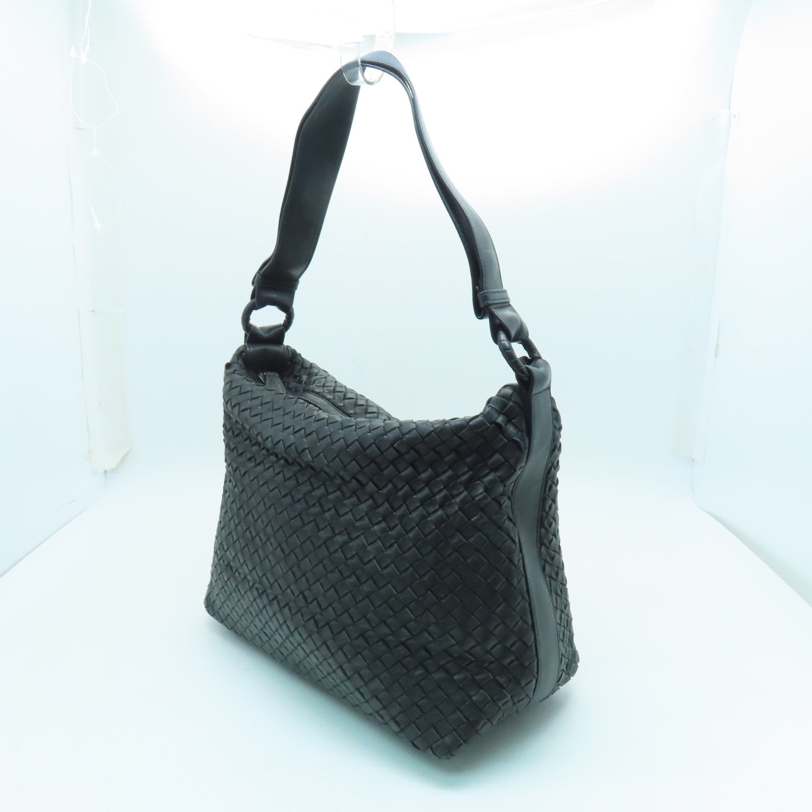BOTTEGA VENETA 織紋皮革Tote Bag銀扣肩背袋黑色