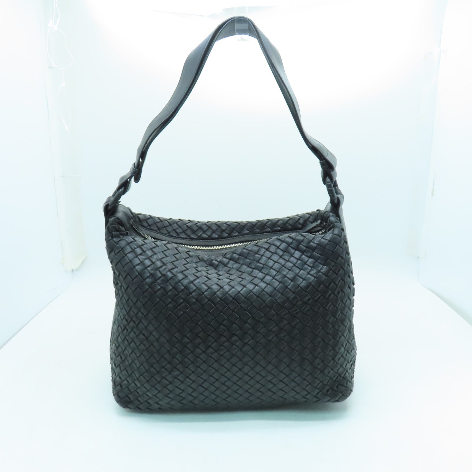 BOTTEGA VENETA 織紋皮革Tote Bag銀扣肩背袋黑色