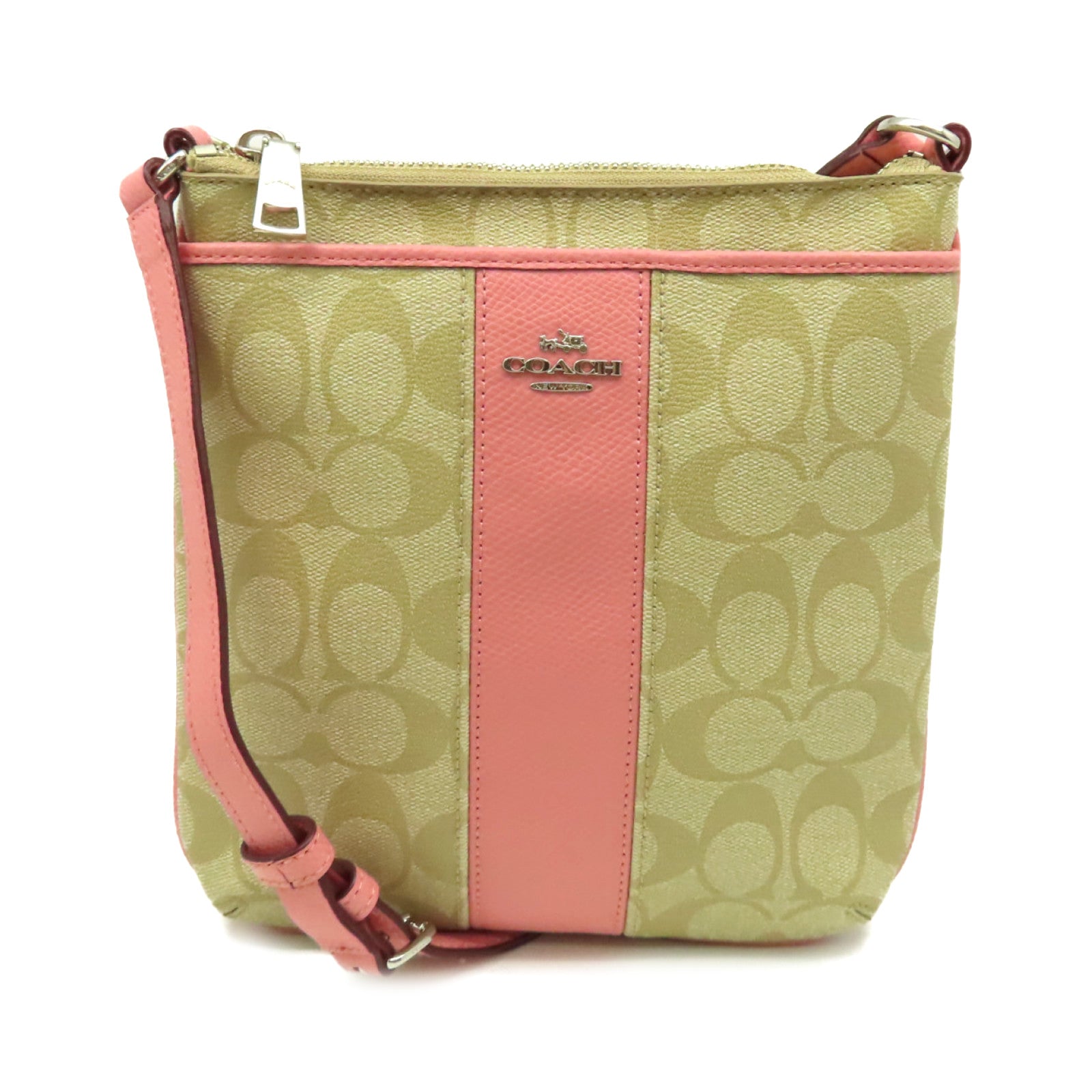 COACH 塗層帆布Shoulder Bag銀扣肩背袋粉紅色/啡色