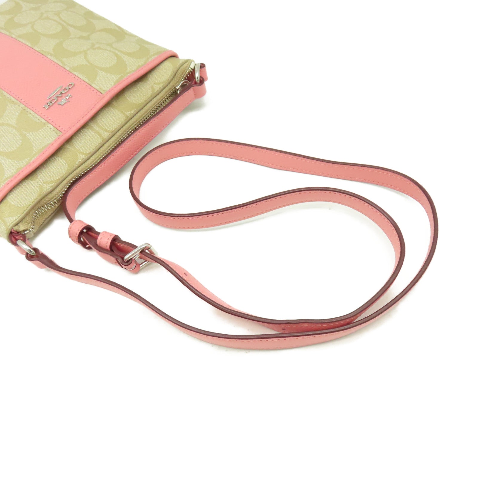 COACH 塗層帆布Shoulder Bag銀扣肩背袋粉紅色/啡色