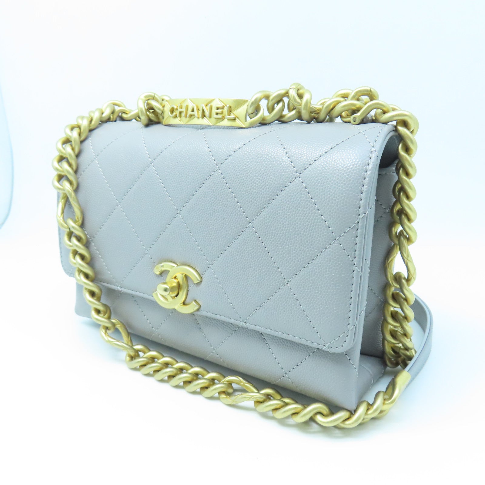 CHANEL Rhombus Caviar Leather Chain Shoulder Gold Buckle Chain Shoulder Bag Gray