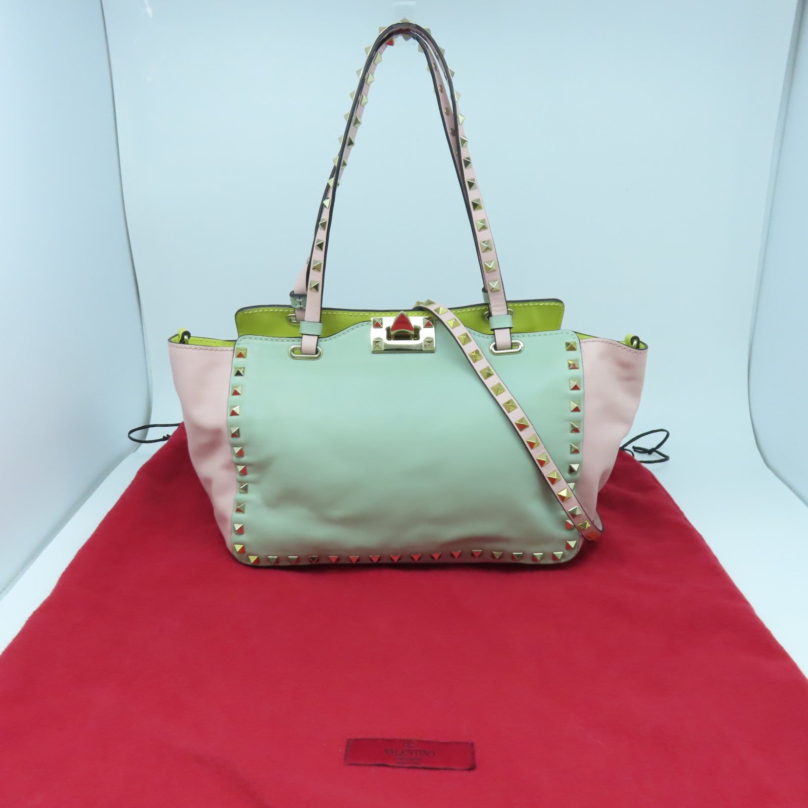 Valentino 皮革2 Way Shoulder金扣手挽肩背兩用袋粉紅色綠色/藍色