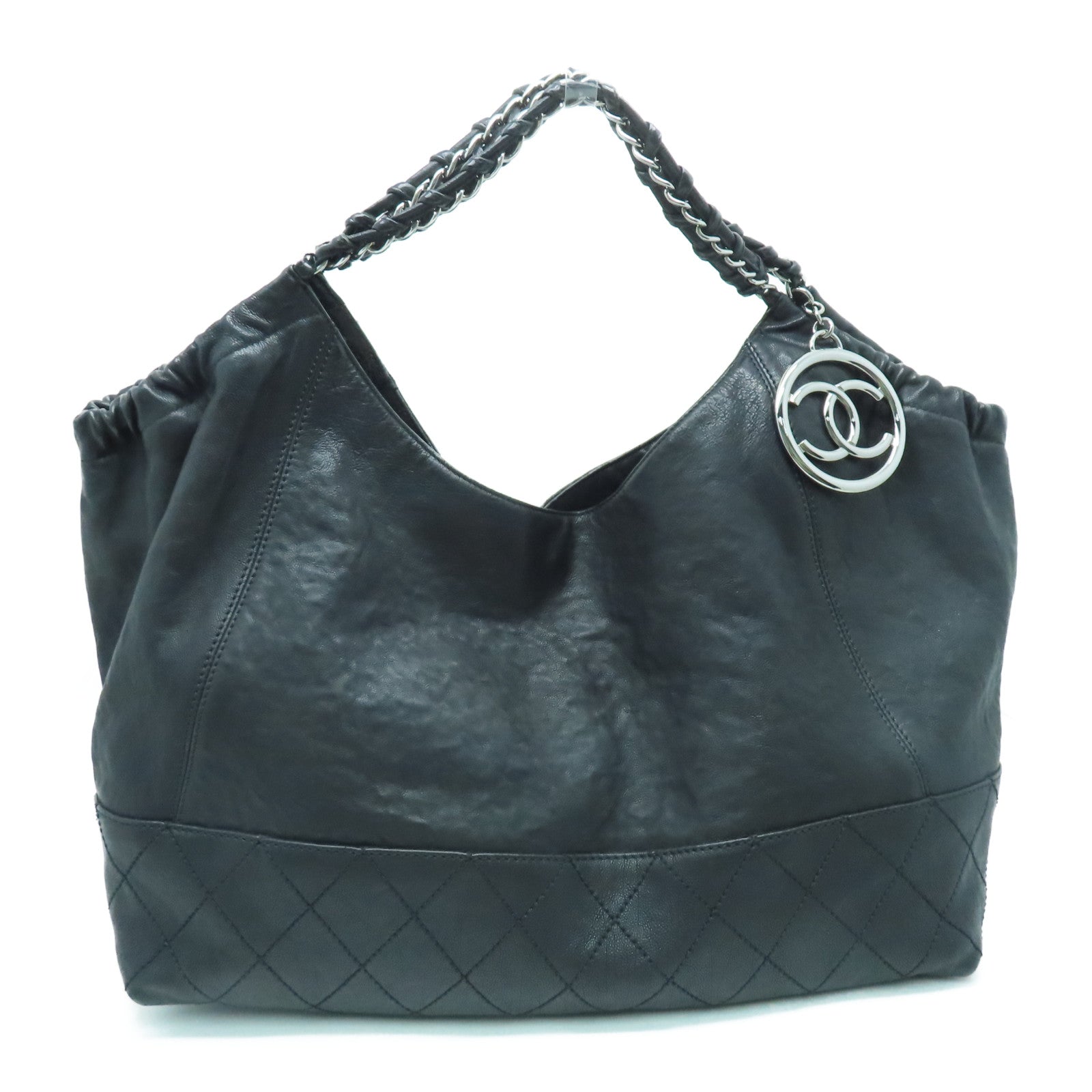 CHANEL 牛皮皮革Chain Shoulder银扣肩背袋黑色