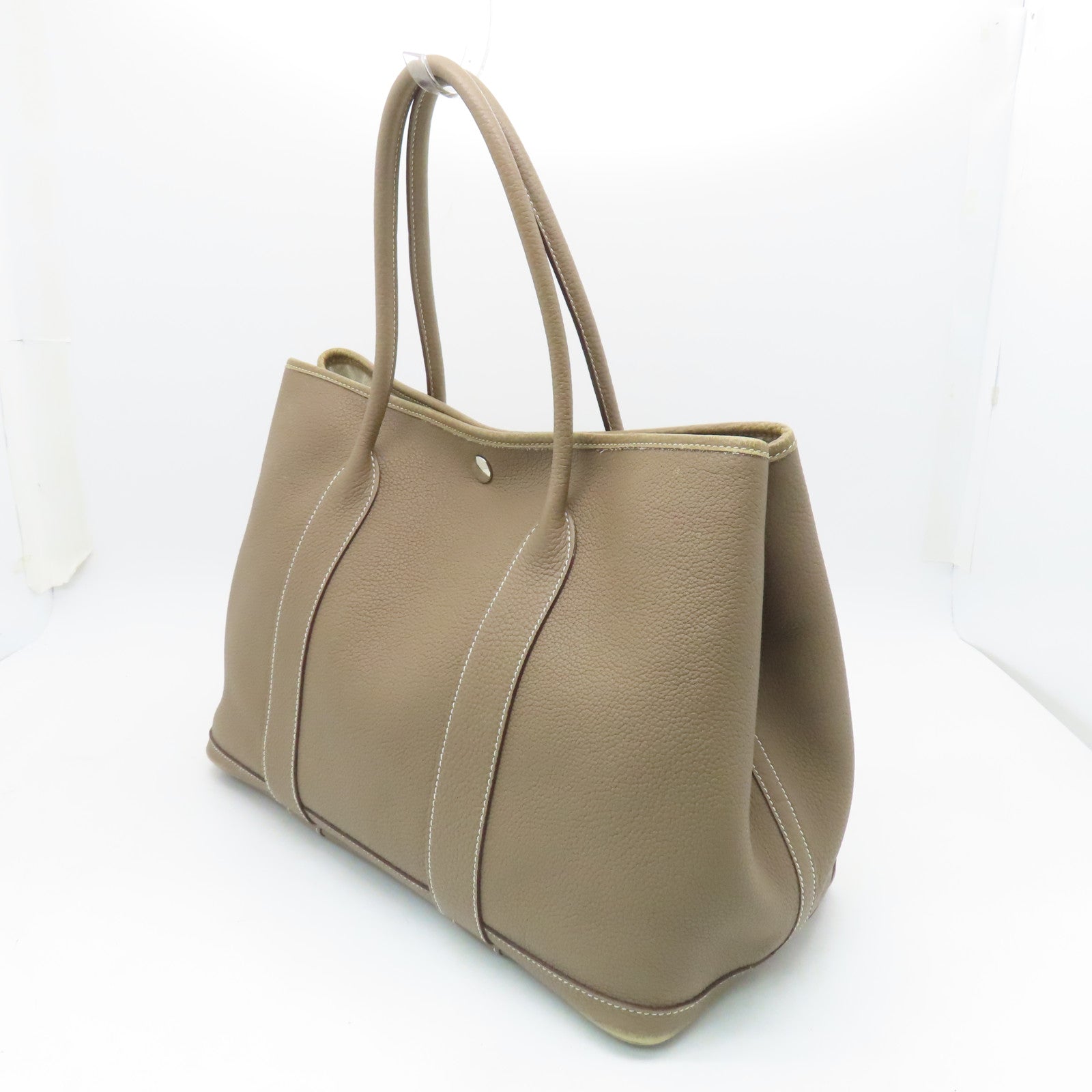 HERMES Negonda皮革Garden Party PM銀扣手挽袋Etoupe米色
