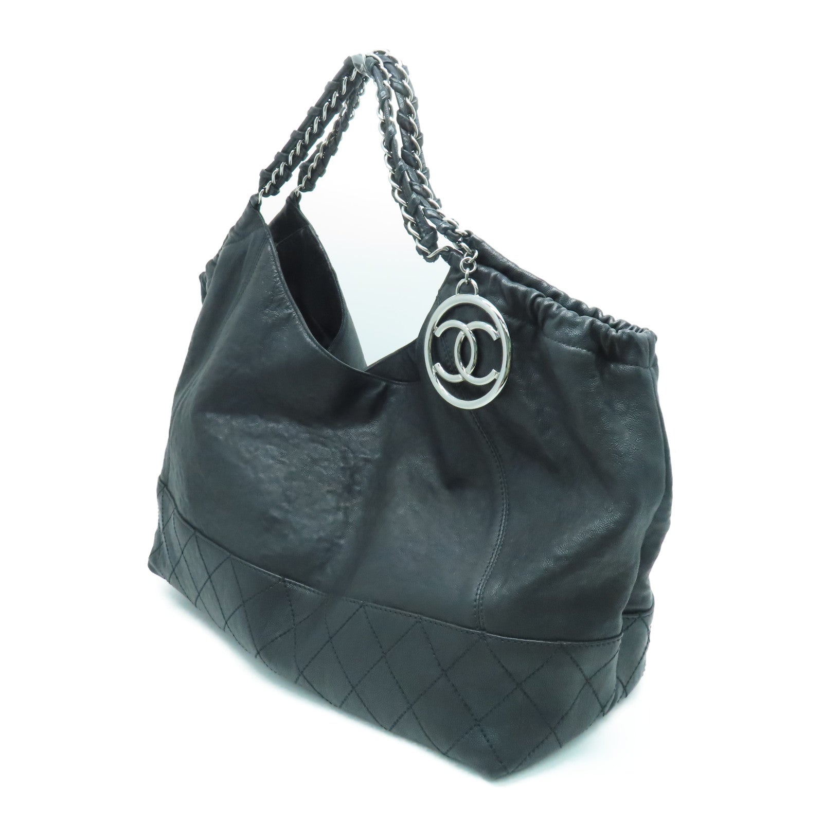 CHANEL 牛皮皮革Chain Shoulder银扣肩背袋黑色