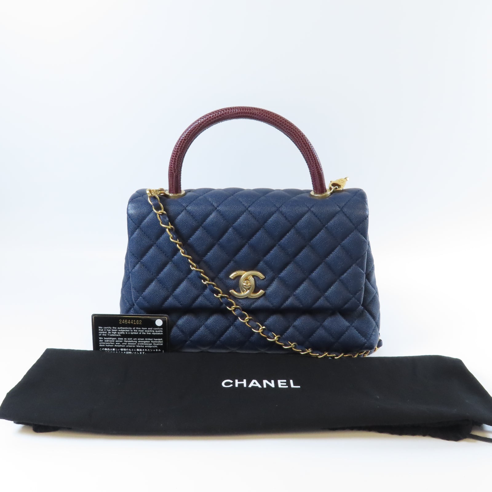 CHANEL 菱格Caviar皮革/蜥蝪皮革Chain Shoulder金扣鏈帶手挽肩背兩用袋藍色