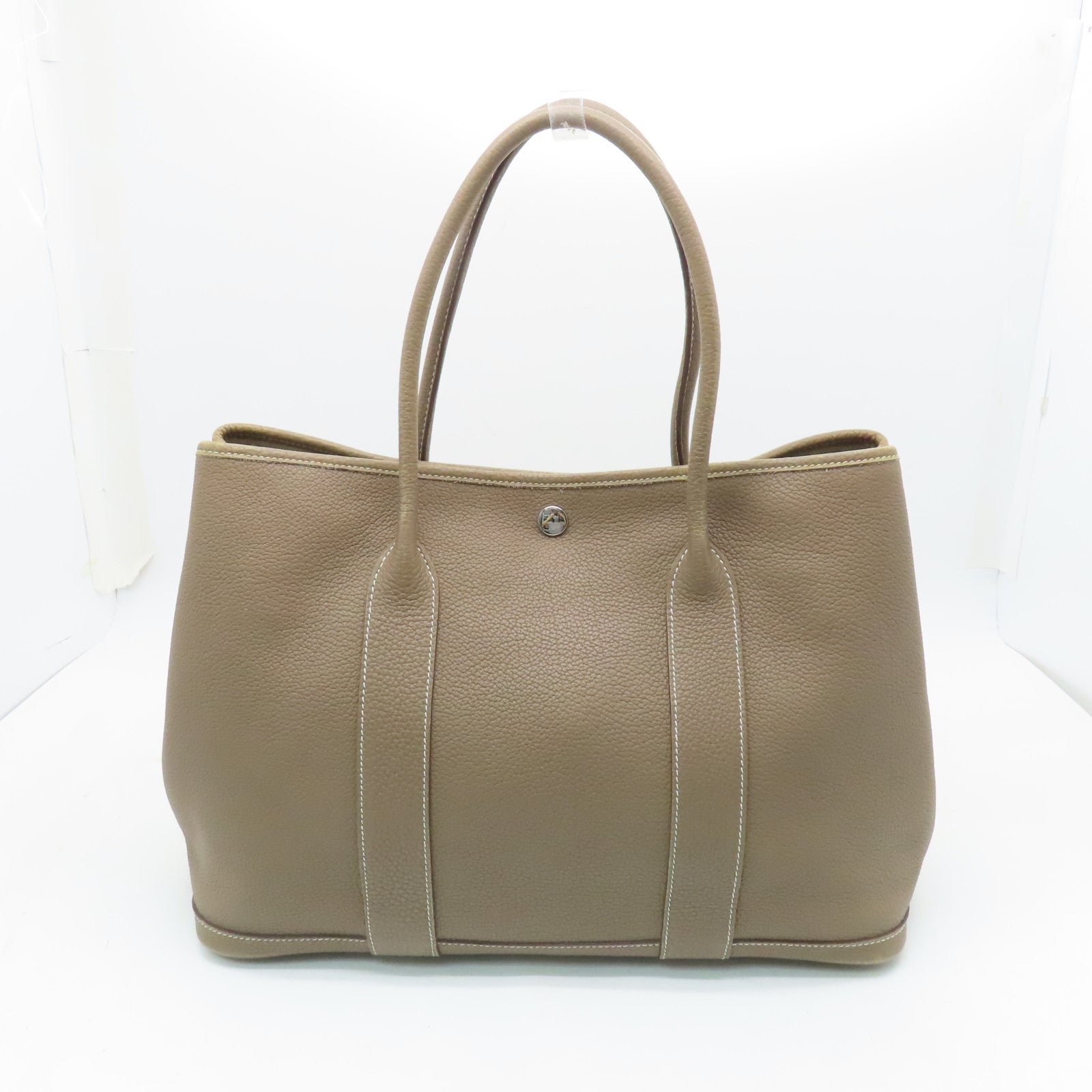 HERMES Negonda皮革Garden Party PM銀扣手挽袋Etoupe米色
