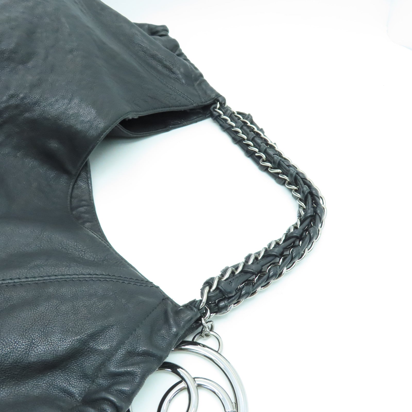CHANEL 牛皮皮革Chain Shoulder银扣肩背袋黑色