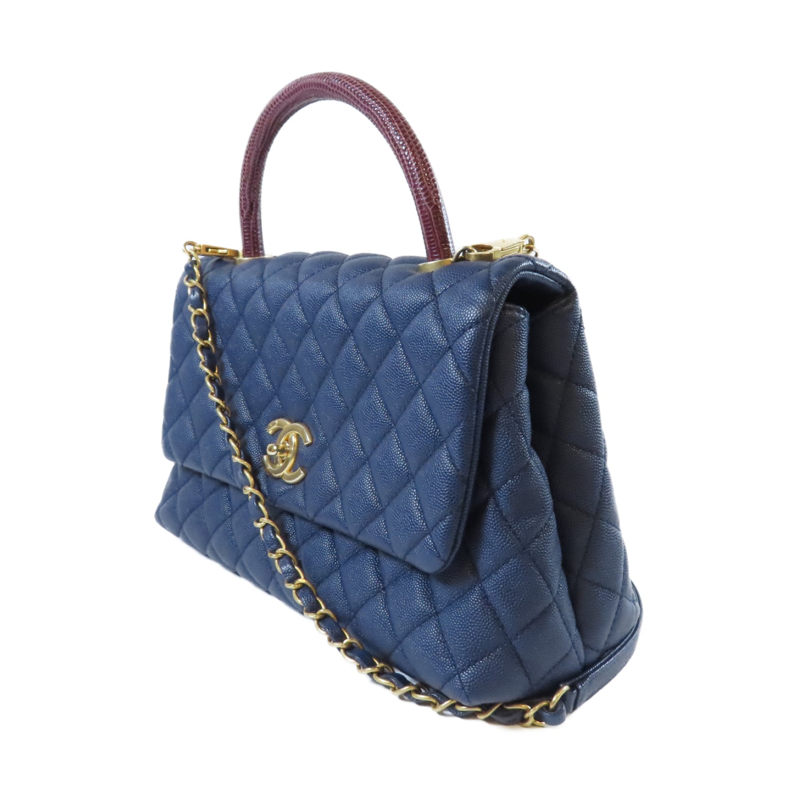 CHANEL 菱格Caviar皮革/蜥蝪皮革Chain Shoulder金扣鏈帶手挽肩背兩用袋藍色
