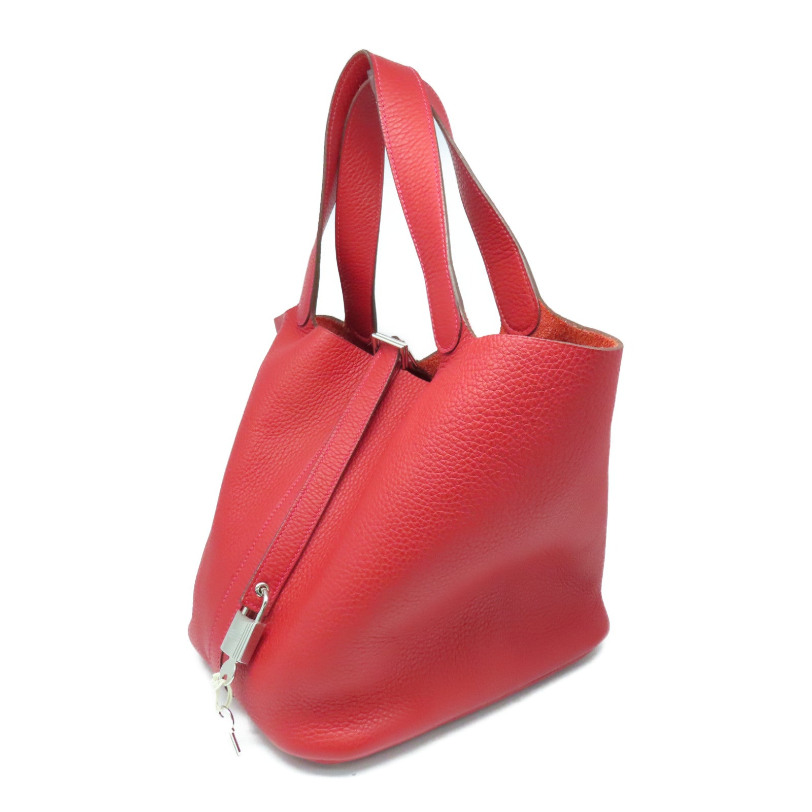HERMES Clemence皮革Picotin GM银扣托特袋手挽袋Rouge Piment红色