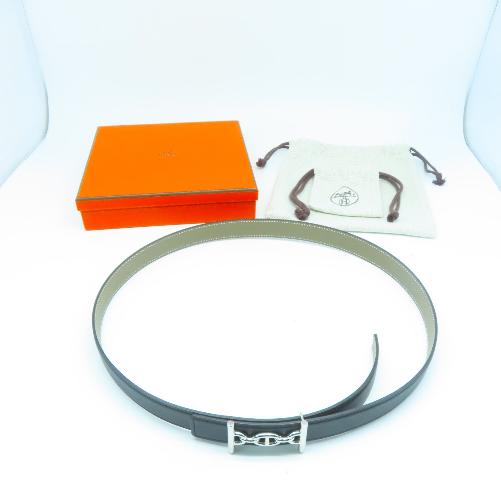 HERMES Epsom皮革Belt 90cm銀扣皮帶黑色/卡其色