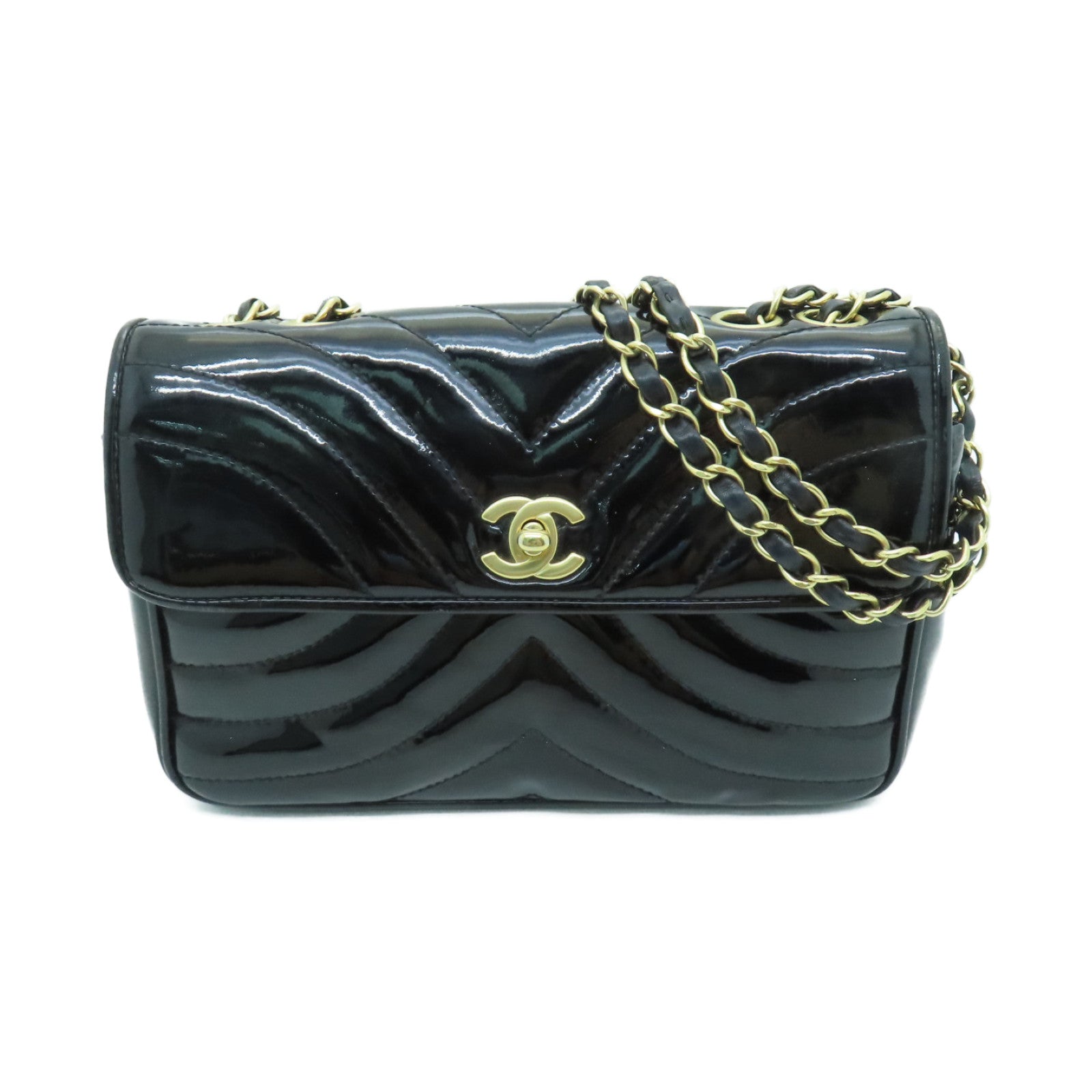 CHANEL 斜紋漆皮皮革Chain Shoulder Bag金扣鏈帶肩背袋黑色