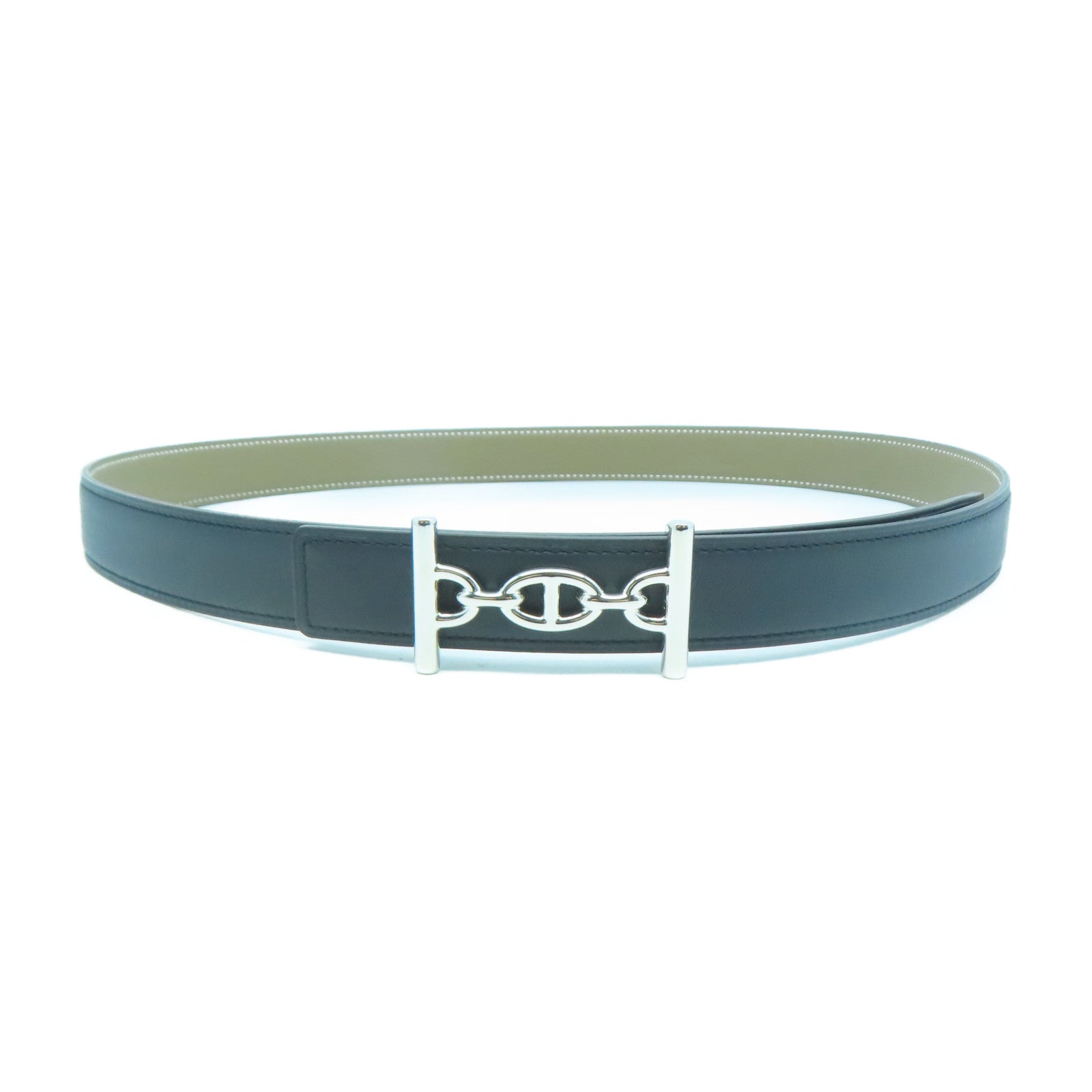 HERMES Epsom皮革Belt 90cm銀扣皮帶黑色/卡其色