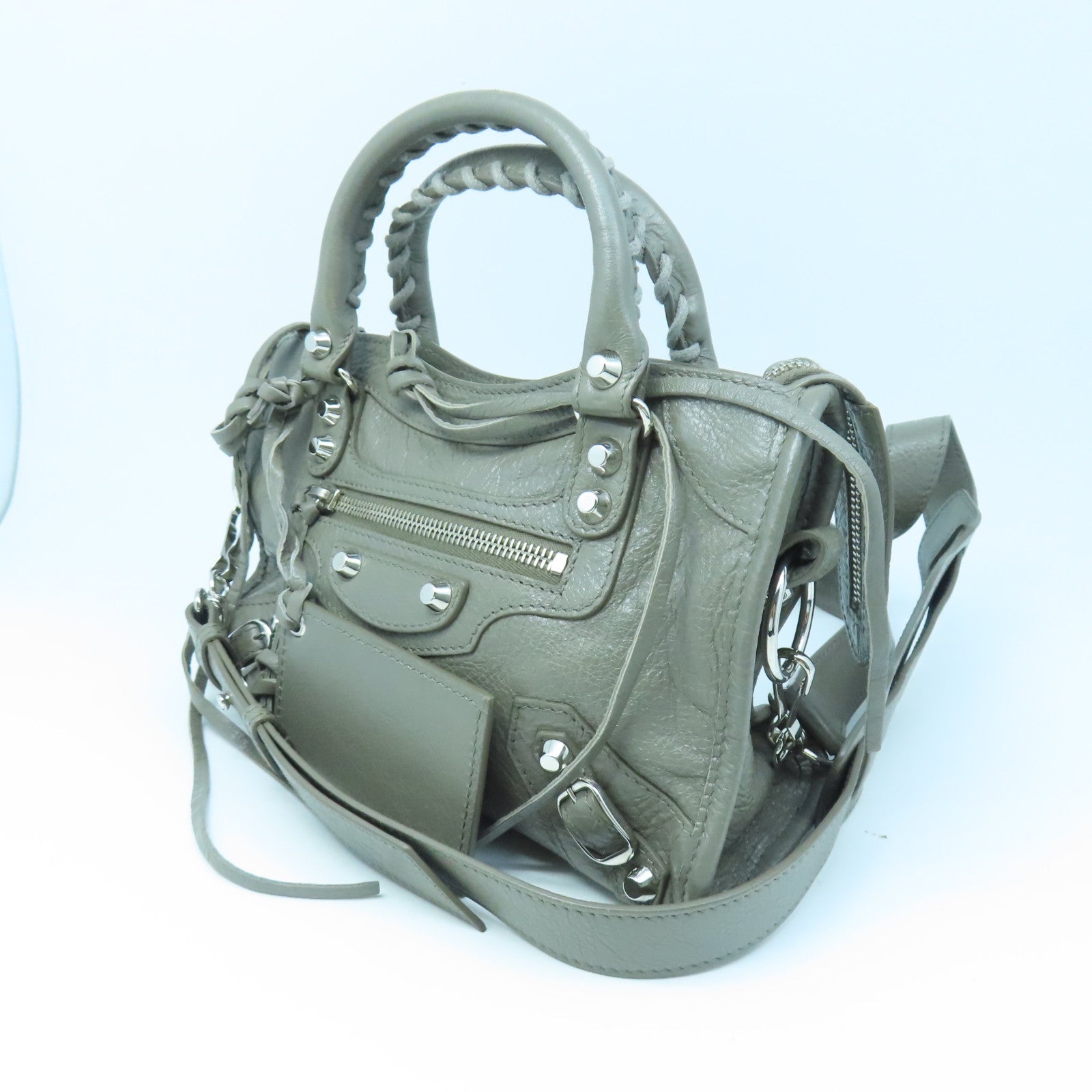BALENCIAGA 牛皮皮革Mini City银扣手挽肩背两用袋灰色