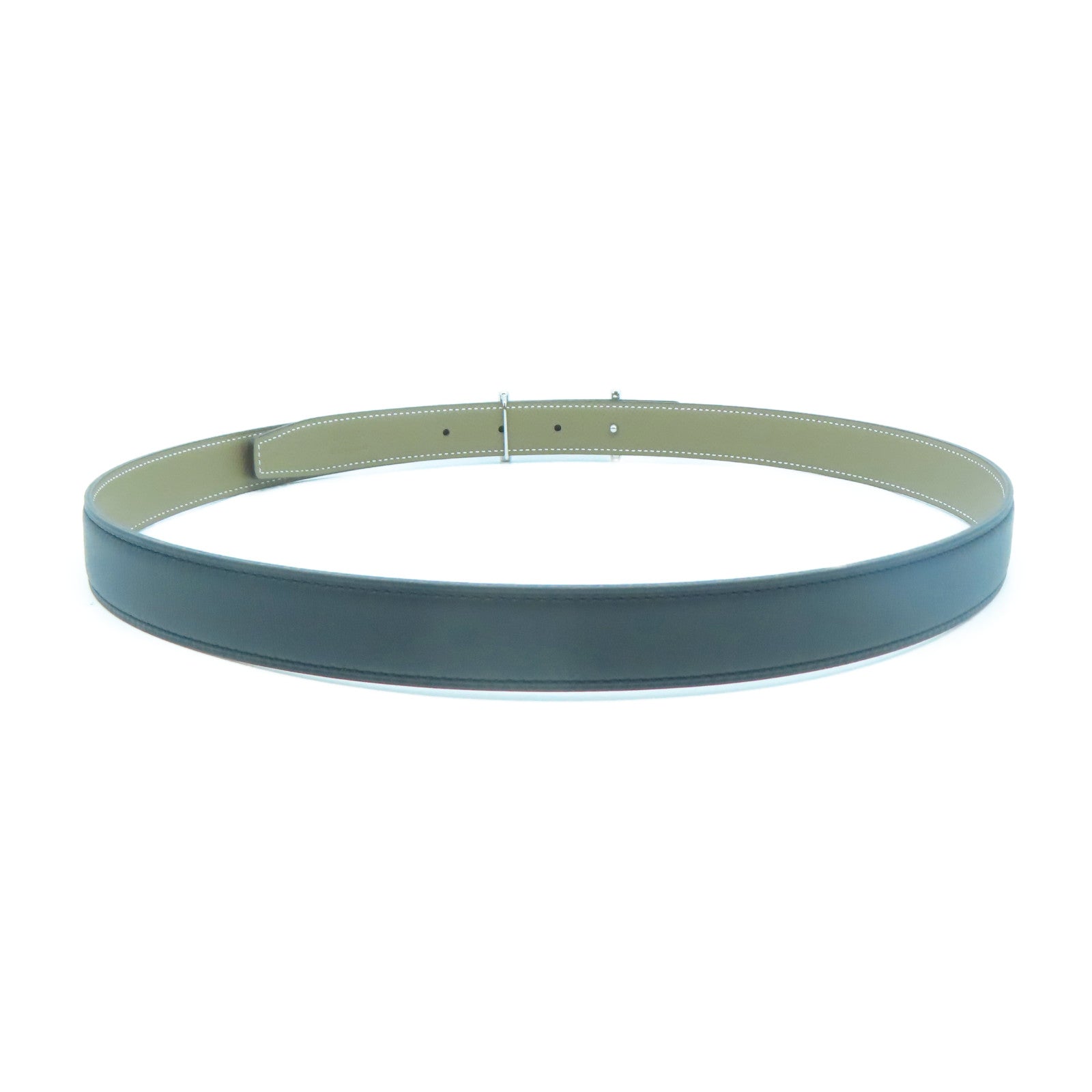 HERMES Epsom皮革Belt 90cm銀扣皮帶黑色/卡其色