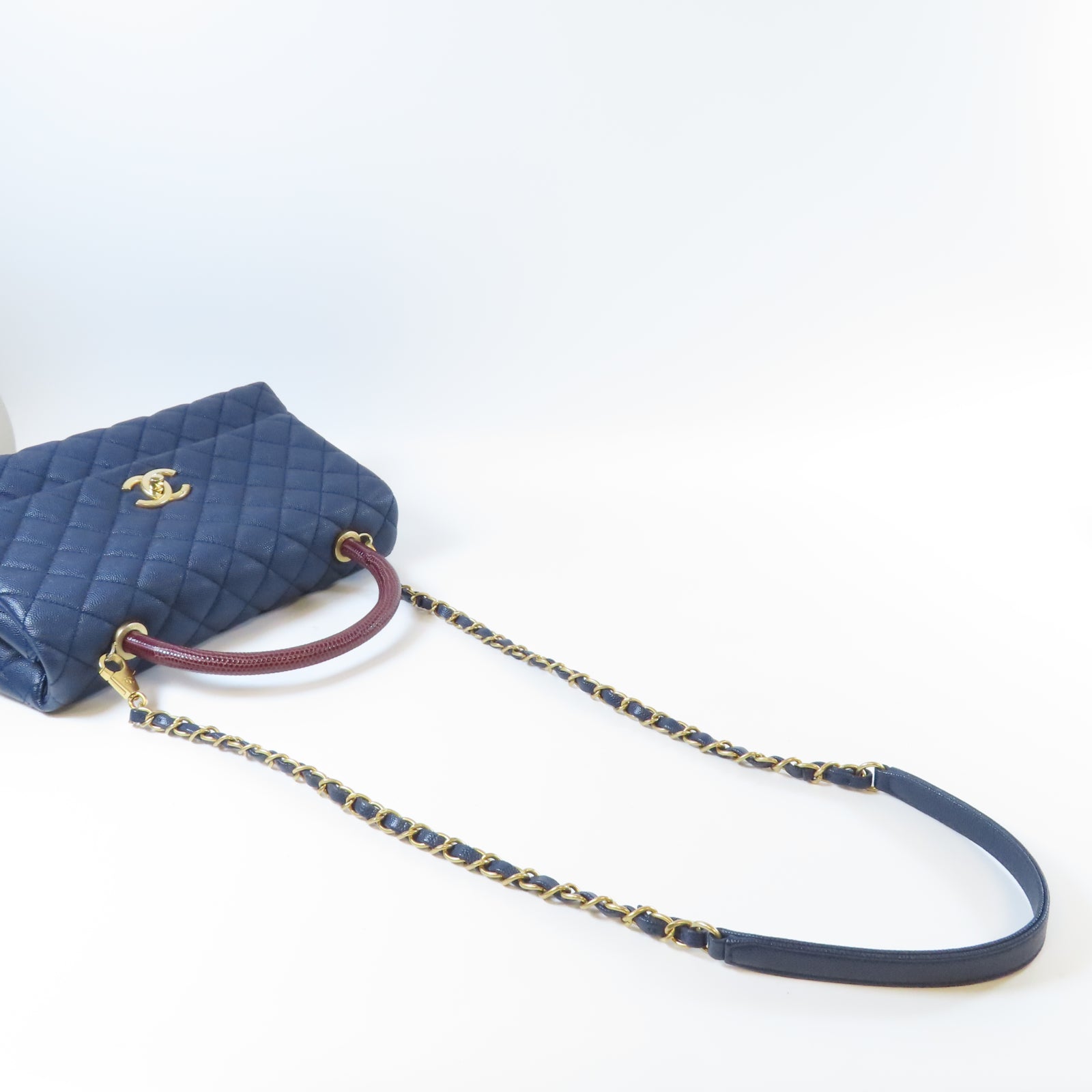 CHANEL 菱格Caviar皮革/蜥蝪皮革Chain Shoulder金扣鏈帶手挽肩背兩用袋藍色